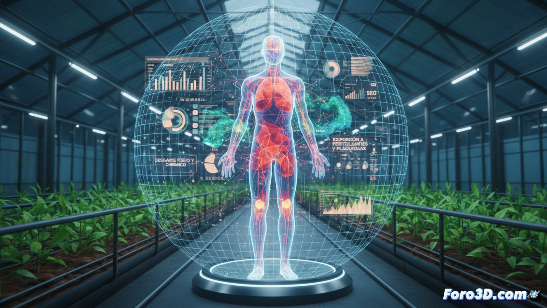 Infografía 3D de riesgos laborales en horticultura, mapeo anatómico de patologías por posturas y químicos