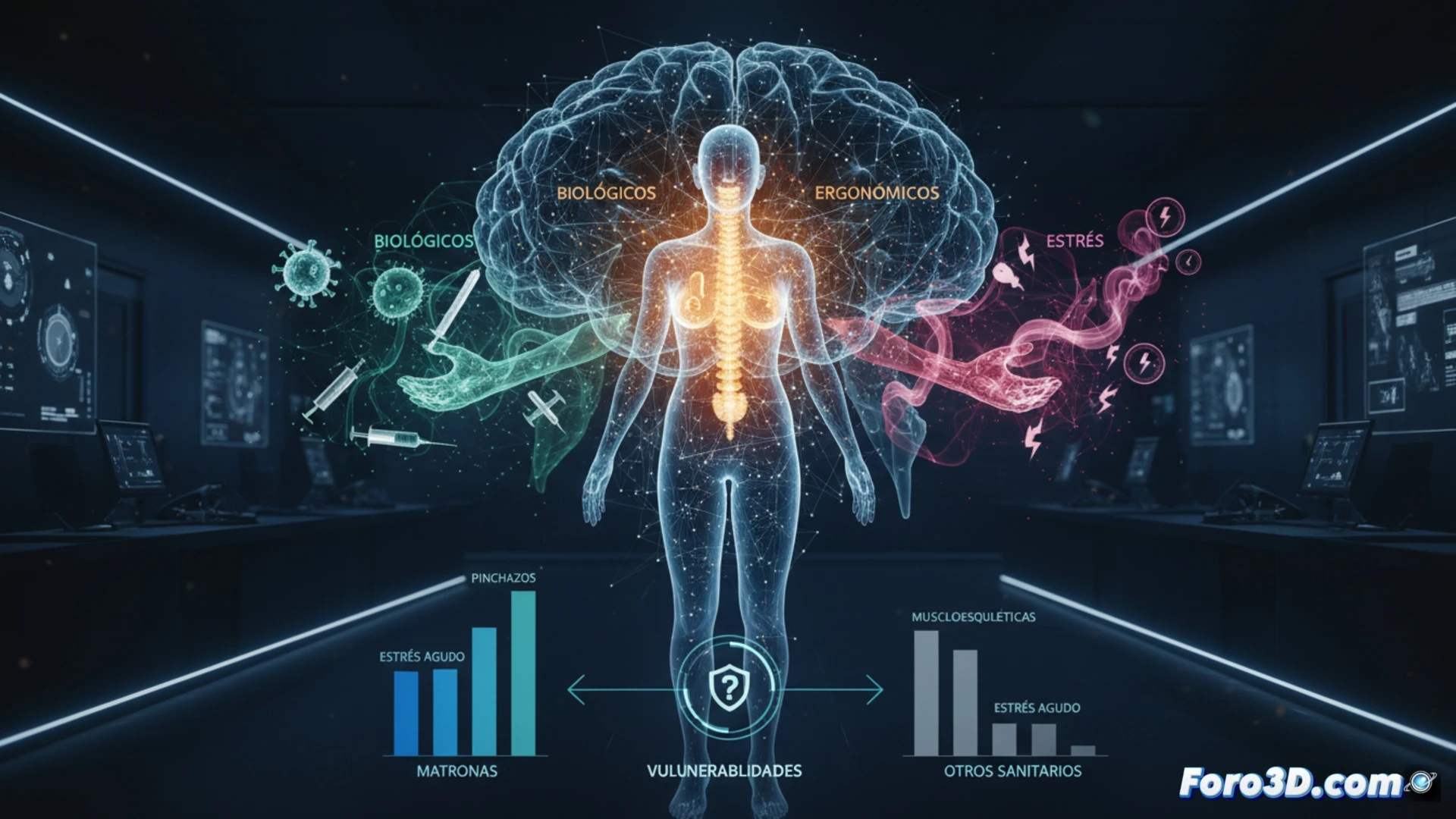 Infografía 3D interactiva de riesgos laborales en matronas con datos epidemiológicos de pinchazos, lesiones y estrés obstétrico