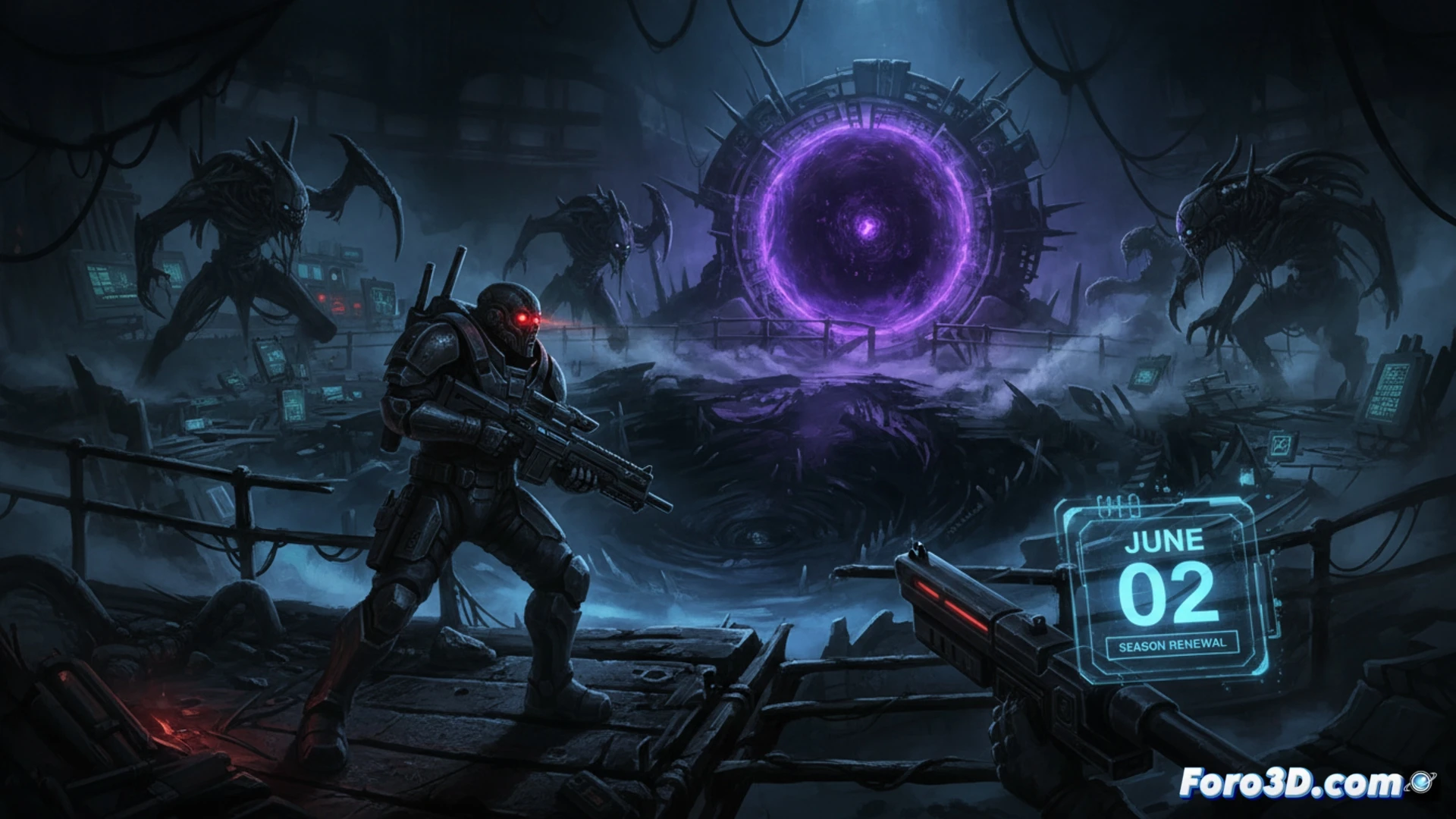 dark abandoned space station corridor, flickering emergency lights casting long shadows, player character holding a tactical flashlight while inspecting a cracked wall panel with exposed wires, holographic map interface floating from a wrist device showing countdown timer to June 2, rusted metallic floor reflecting faint neon glow, open airlock door revealing a void of pure blackness with faint red particles drifting inward, cinematic horror atmosphere, volumetric fog, photorealistic sci-fi environment, dramatic low-angle lighting, ultra-detailed textures on control panels and debris, technical game scene render
