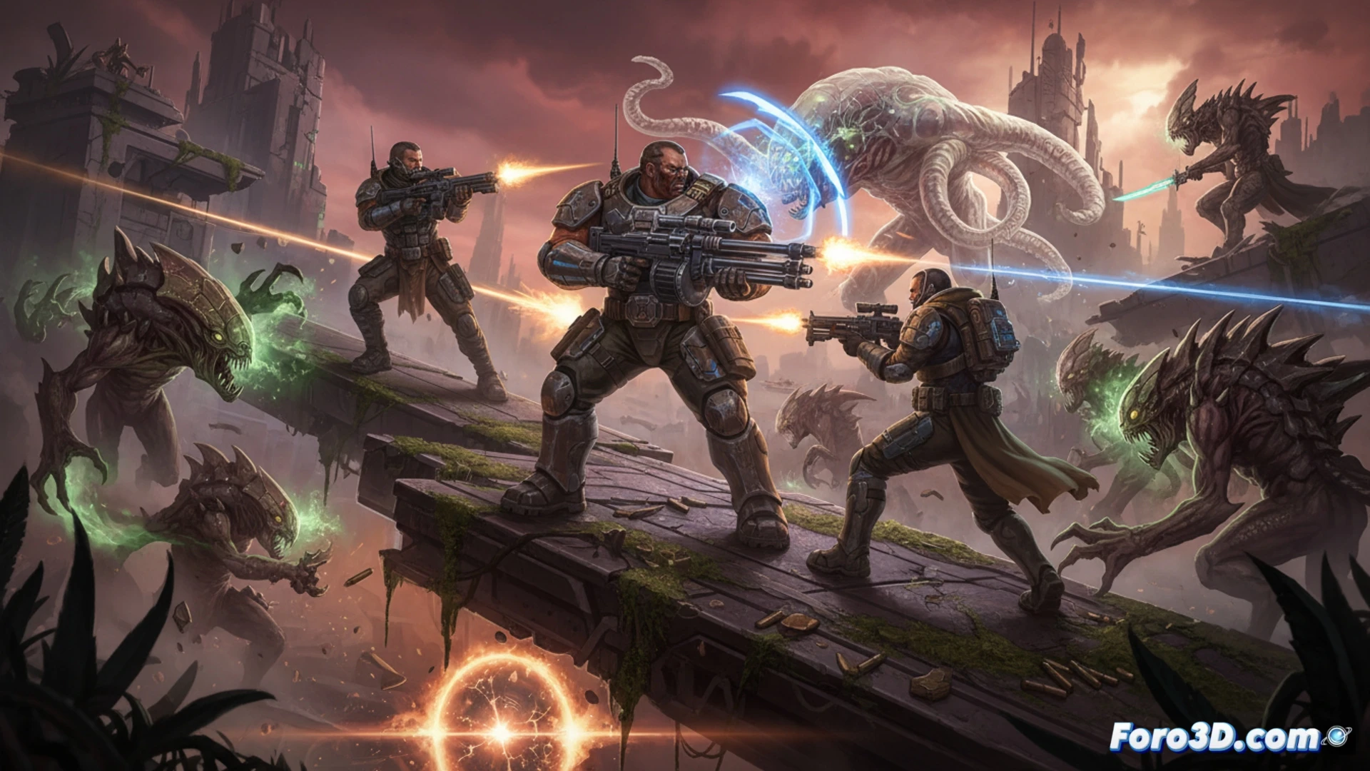 three squad members in tactical gear coordinating inside a dark industrial hangar, one player hacks a glowing data terminal while another covers a doorway with a plasma rifle, a third revives a downed teammate near a sparking server rack, holographic mission objectives floating above a central console, PVE enemy drones approaching through smoke-filled corridors, cinematic sci-fi visualization, metallic blue and orange lighting, motion blur on rapid weapon recoil, real-time strategy UI elements faintly visible on screens, ultra-detailed armor textures, photorealistic technical render