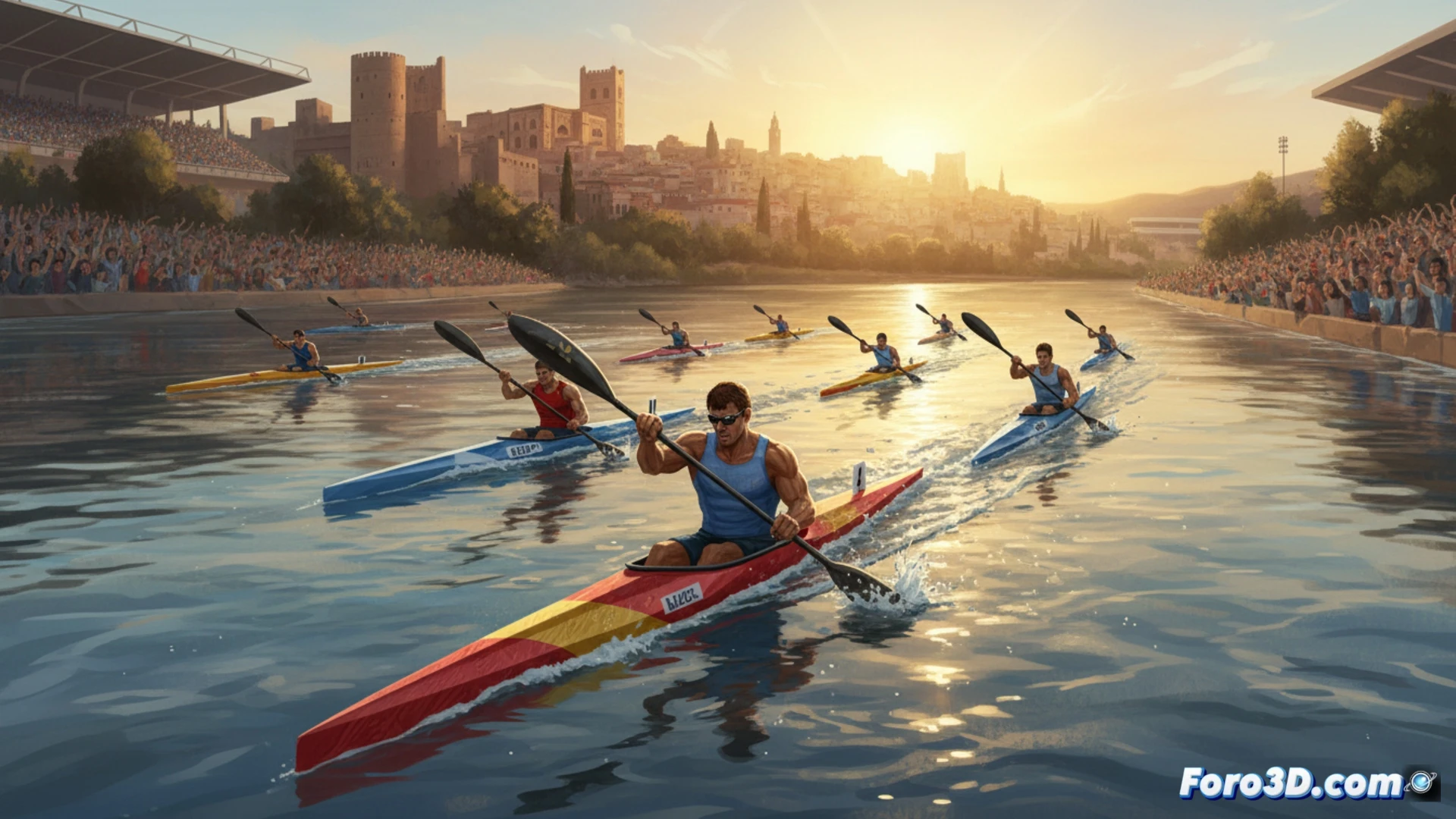 Piragüista en aguas abiertas al atardecer, remando con fuerza bajo un cielo naranja y montañas de fondo.