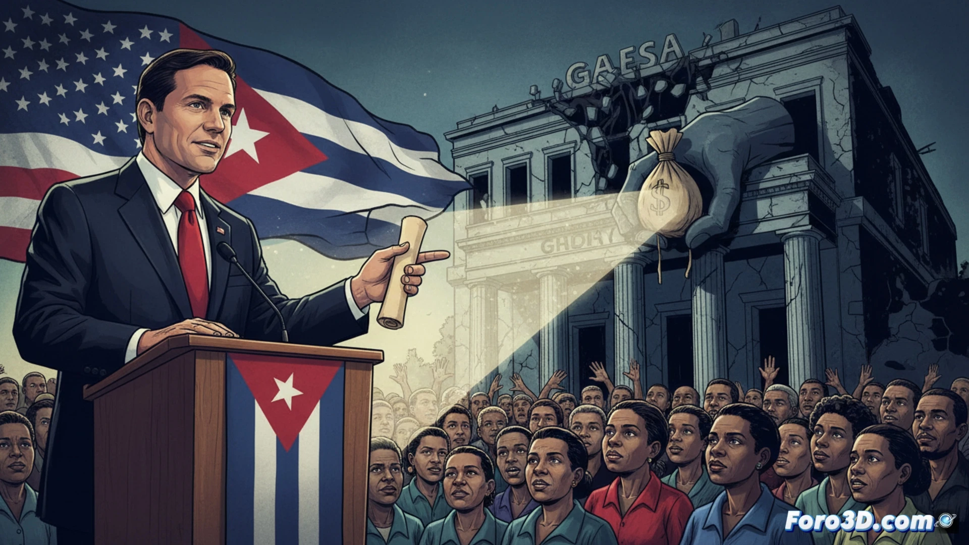 Cuban family standing in dim candlelight beside a broken electrical meter, a smartphone displaying a US State Department video interface held by a young man, shattered concrete floor showing rusted fuel pipes, empty shelves with scattered rice grains, a military-style building marked with GAESA logo visible through a cracked window, photorealistic technical illustration, dramatic chiaroscuro lighting, deep shadows contrasting with the phone screen glow, dust particles suspended in air, peeling paint on walls, hyper-detailed textures of worn clothing and weathered infrastructure, cinematic composition with wide-angle lens effect