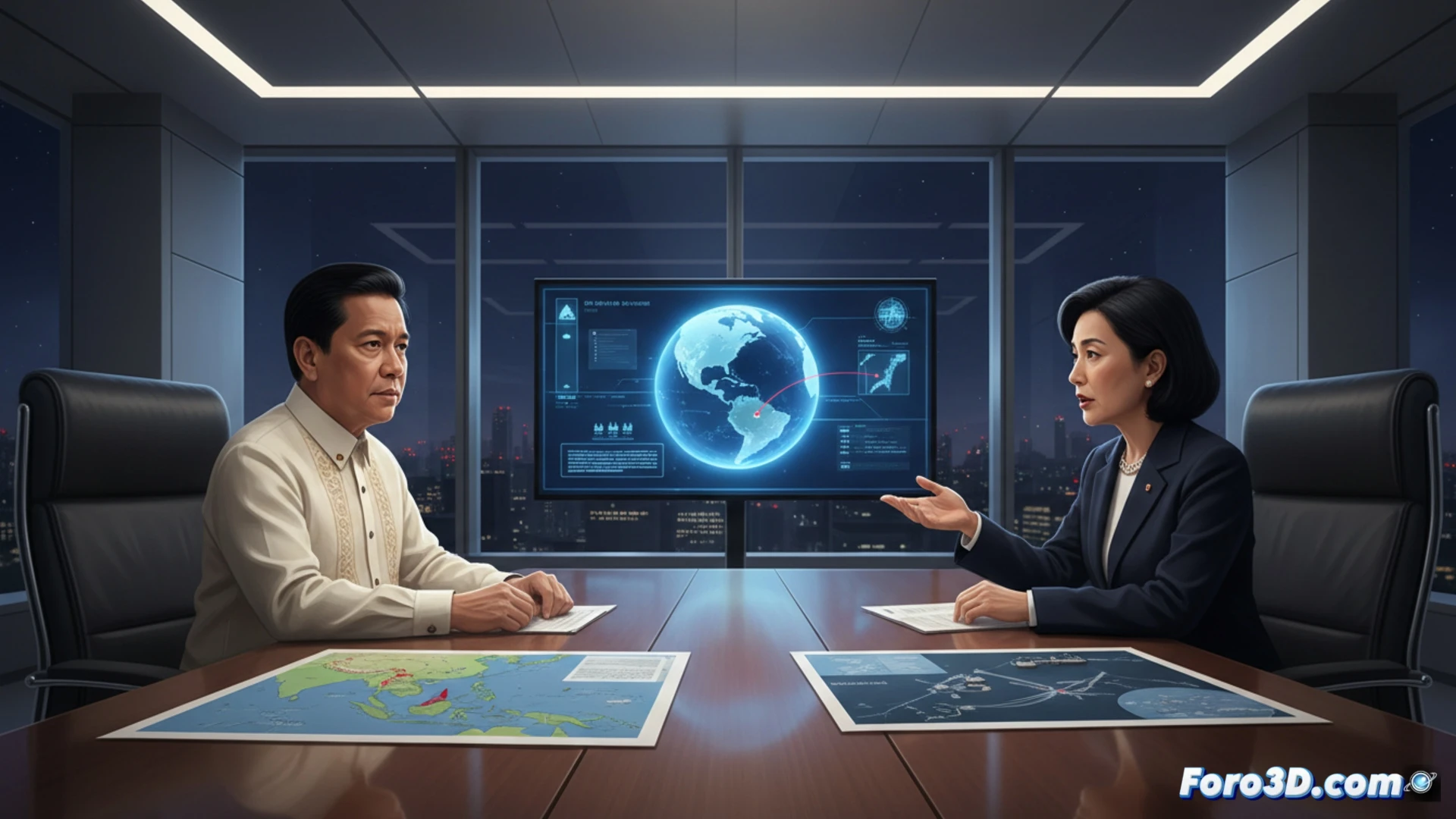 Marcos Jr. y Takaichi de pie junto a una mesa de conferencias en una sala de reuniones minimalista, mientras un mapa digital de Taiwán y el Mar de China Meridional se proyecta en una pantalla táctil tras ellos, manos señalando puntos estratégicos, documentos de defensa abiertos mostrando diagramas de sistemas antimisiles japoneses, lápices y dispositivos electrónicos sobre la mesa, estilo cinematográfico fotorrealista, iluminación fría de oficina gubernamental, sombras marcadas, enfoque nítido en gestos y expresiones de diálogo diplomático, detalles técnicos en los planos desplegados.
