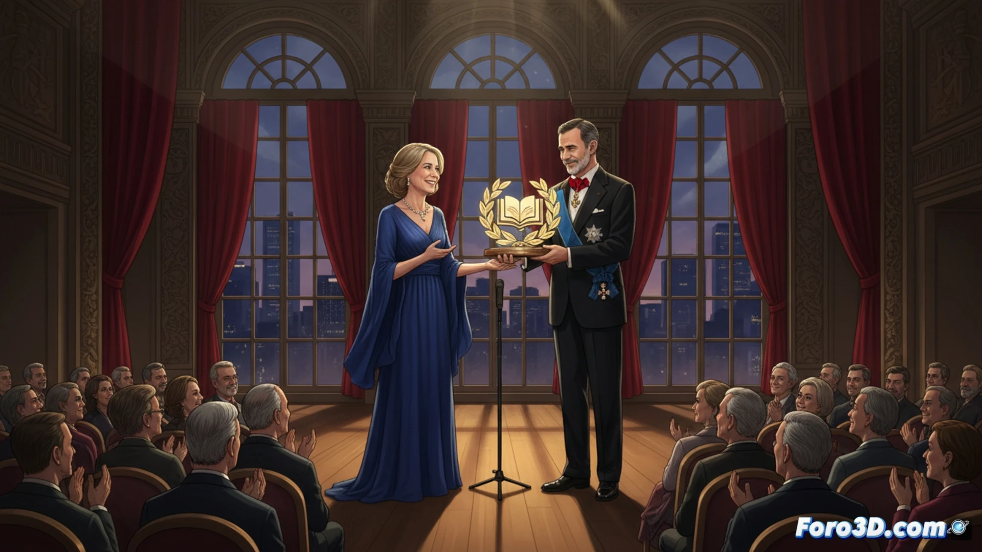 Margaret Atwood standing beside King Felipe VI during award ceremony, she holds a blue-bound poetry book while gesturing with her other hand, a microphone on a stand captures her speech, abstract poetic verses floating as glowing particles around the room, audience members in dim lighting showing reflective expressions, stage lights creating warm amber glow on wooden podium, cinematic photorealistic style, shallow depth of field focusing on Atwood's face and hands, subtle motion blur in drifting light particles, elegant formal attire, dramatic chiaroscuro lighting, ultra-detailed fabric textures, emotional documentary photography aesthetic