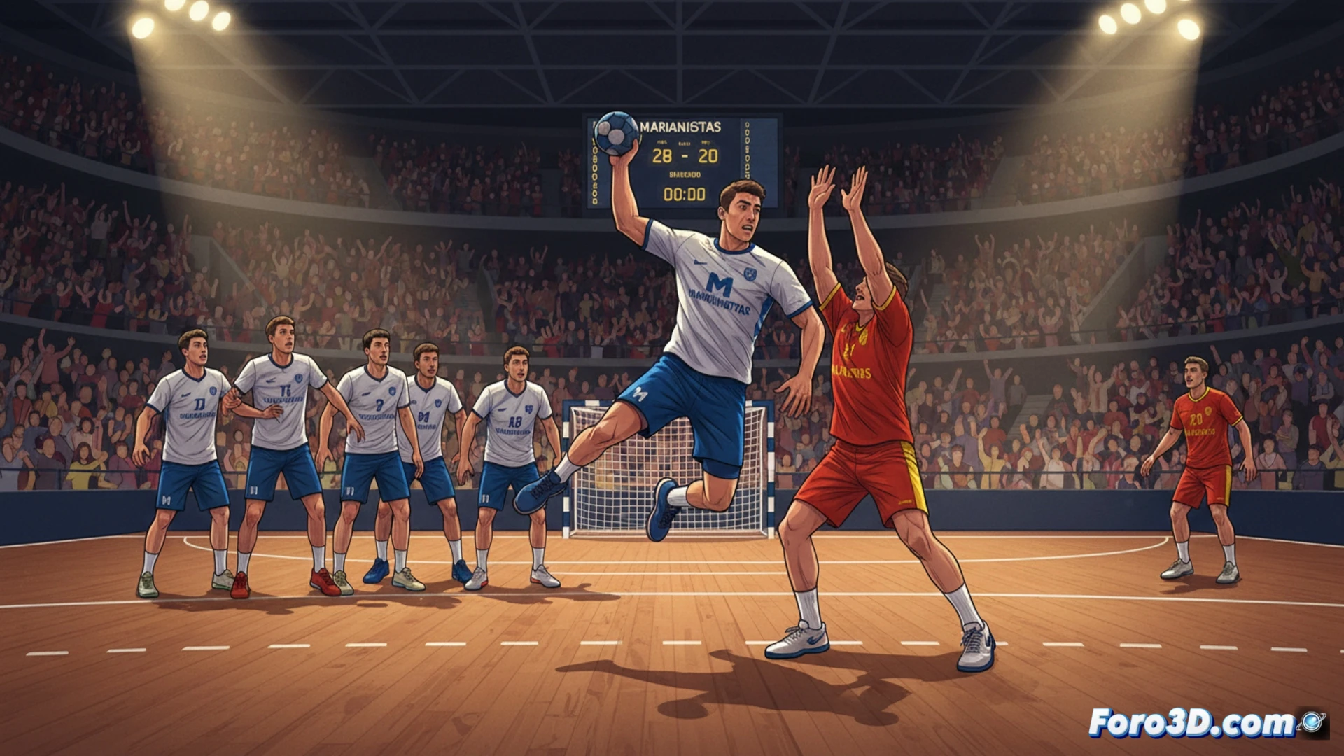 balonmano jugador saltando para lanzar a portería, defensa rival estirando brazos para bloquear, balón naranja en el aire con estela de movimiento, sudor y tensión muscular visibles, fondo de pabellón deportivo con gradas llenas, marcador electrónico apagado sin texto, iluminación cenital intensa, cámara lenta con desenfoque de fondo, estilo cinematográfico deportivo, textura de piel realista, fotografía hiperrealista, captura de acción dinámica, encuadre desde el suelo