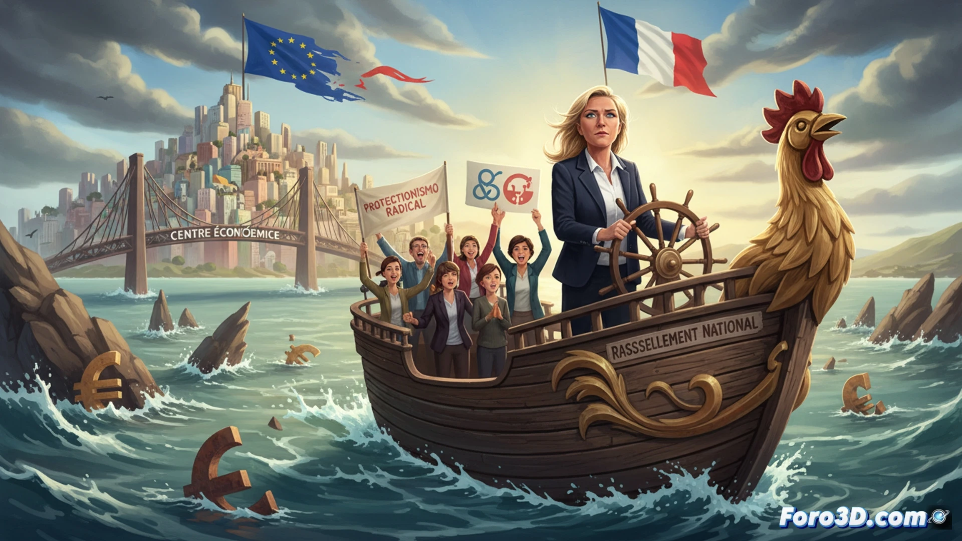 Marine Le Pen standing at a central podium, one hand gesturing toward a large European Union flag fading into a neutral grey background, the other hand holding a modified economic policy document with the word Franc crossed out, while a diverse crowd of voters watches from the left side, political campaign banners being lowered behind her, cinematic photorealistic style, dramatic conference lighting, soft shadows, polished wooden stage, subtle motion blur on the flag transition, high-contrast professional portrait composition, ultra-detailed fabric textures and facial expressions, realistic political rally atmosphere