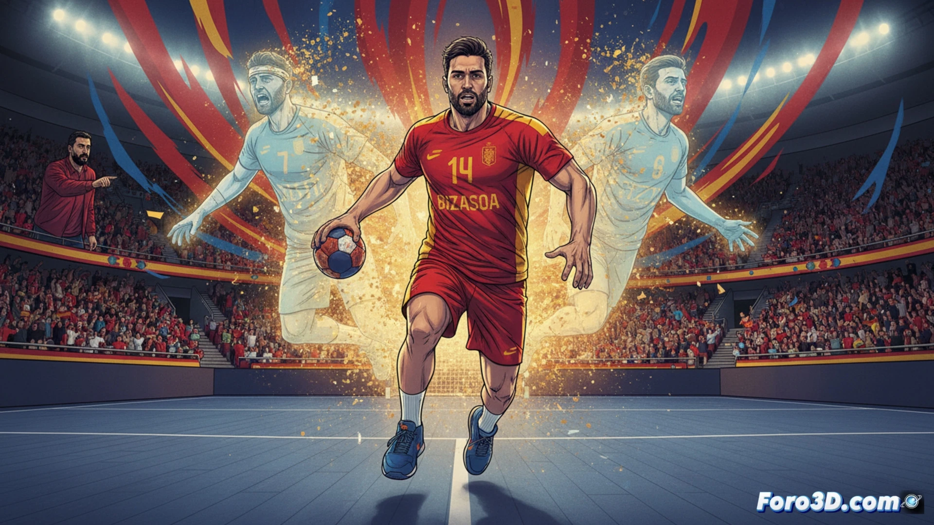 Mario Nevado, con la camiseta de los Hispanos, salta a la pista en un partido, listo para sustituir a Dujshebaev y Cikusa.