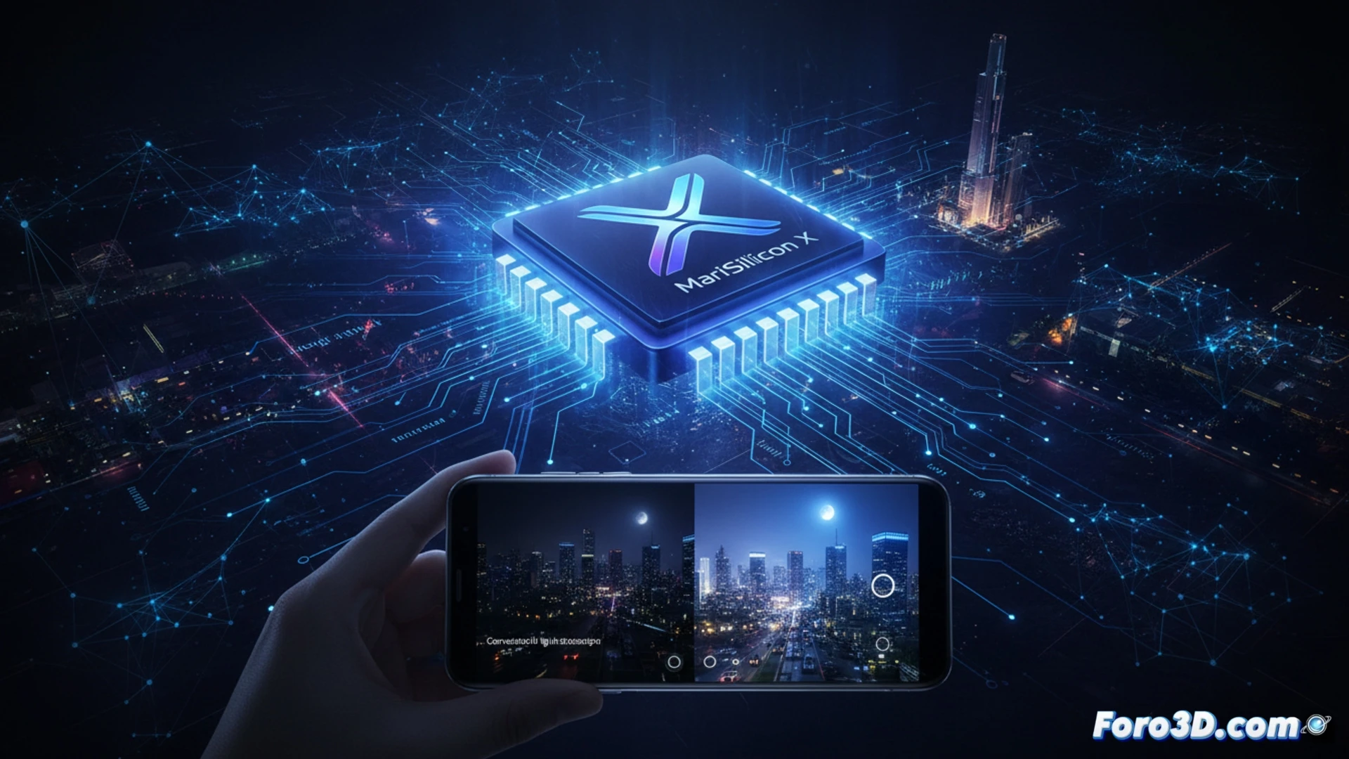 smartphone camera module capturing night scene, MariSilicon X NPU chip glowing with blue neural network circuits, real-time 4K video processing visualized as light particles flowing from lens to chip, dark alley with neon signs, low-light details being enhanced frame by frame, computational photography pipeline shown as translucent data layers, cinematic engineering visualization, photorealistic technical illustration, macro view of chip die with illuminated AI cores, heat sinks and motherboard traces visible, dramatic low-key lighting with cyan and amber accents, ultra-detailed semiconductor textures