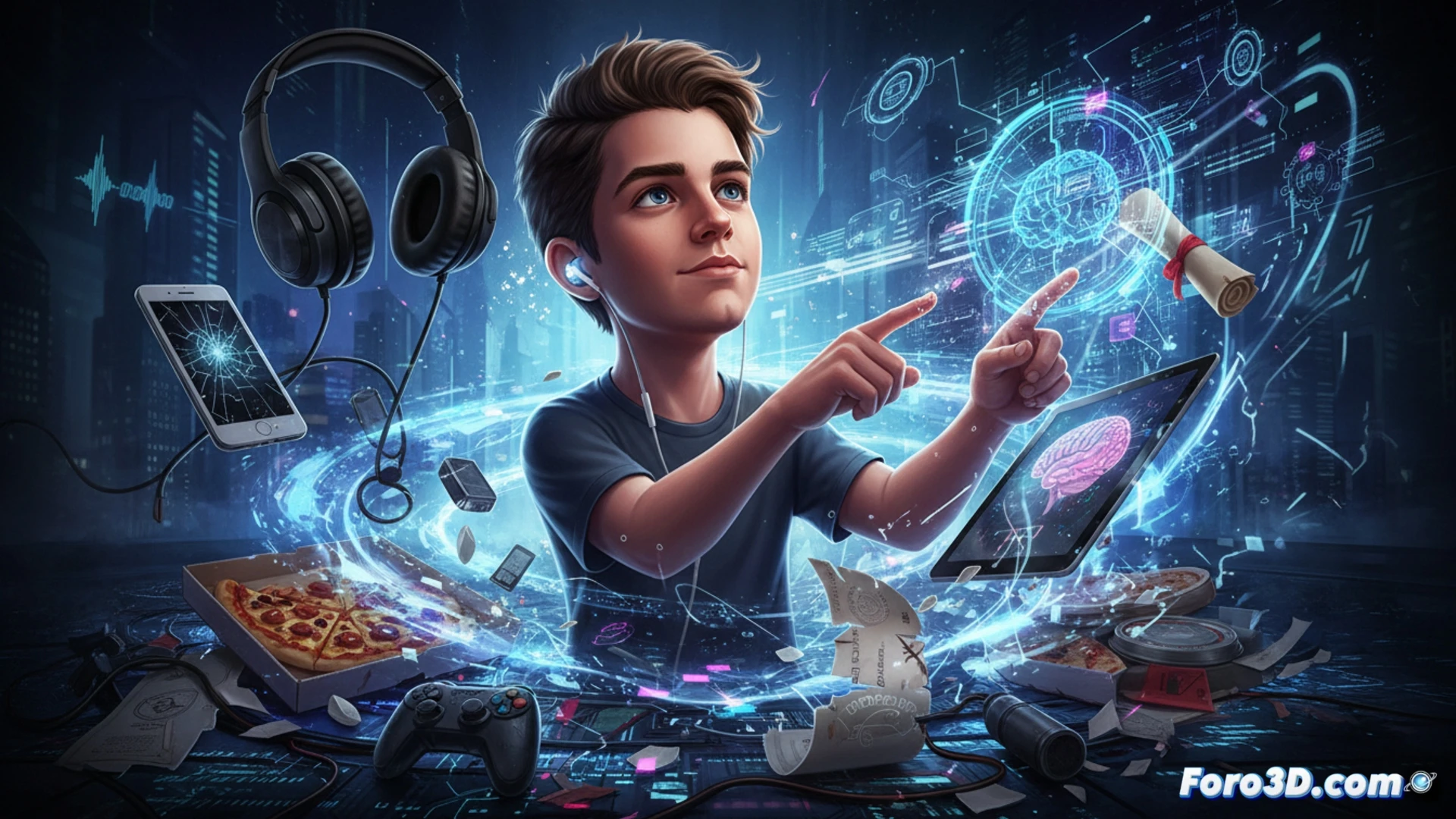 young person wearing headphones working at dual-monitor setup, hands typing on mechanical keyboard while AI code generation interface displays on screens, holographic neural network nodes floating above desk, glowing blue circuit patterns projected on workspace, cinematic photorealistic style, dramatic side lighting from monitor glow, focused expression on face, coffee cup with steam, books about machine learning stacked nearby, futuristic minimalist room, depth of field emphasizing screens, ultra-detailed textures on keyboard keys and screen reflections, technical illustration aesthetic