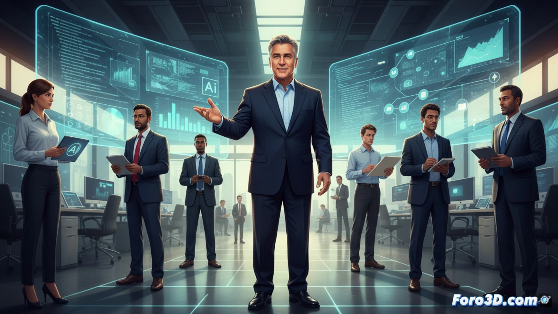 Photorealistic technical scene of a diverse team in a modern open office, a marketing manager using a tablet with AI analytics dashboard while a designer operates a laptop with generative AI tools, a finance professional reviewing AI-driven forecasts on a large screen, all collaborating without coding, holographic neural network nodes floating above the workspace, sleek minimalist furniture, soft blue and white ambient lighting, cinematic composition, ultra-detailed textures, professional business atmosphere, engineering visualization style