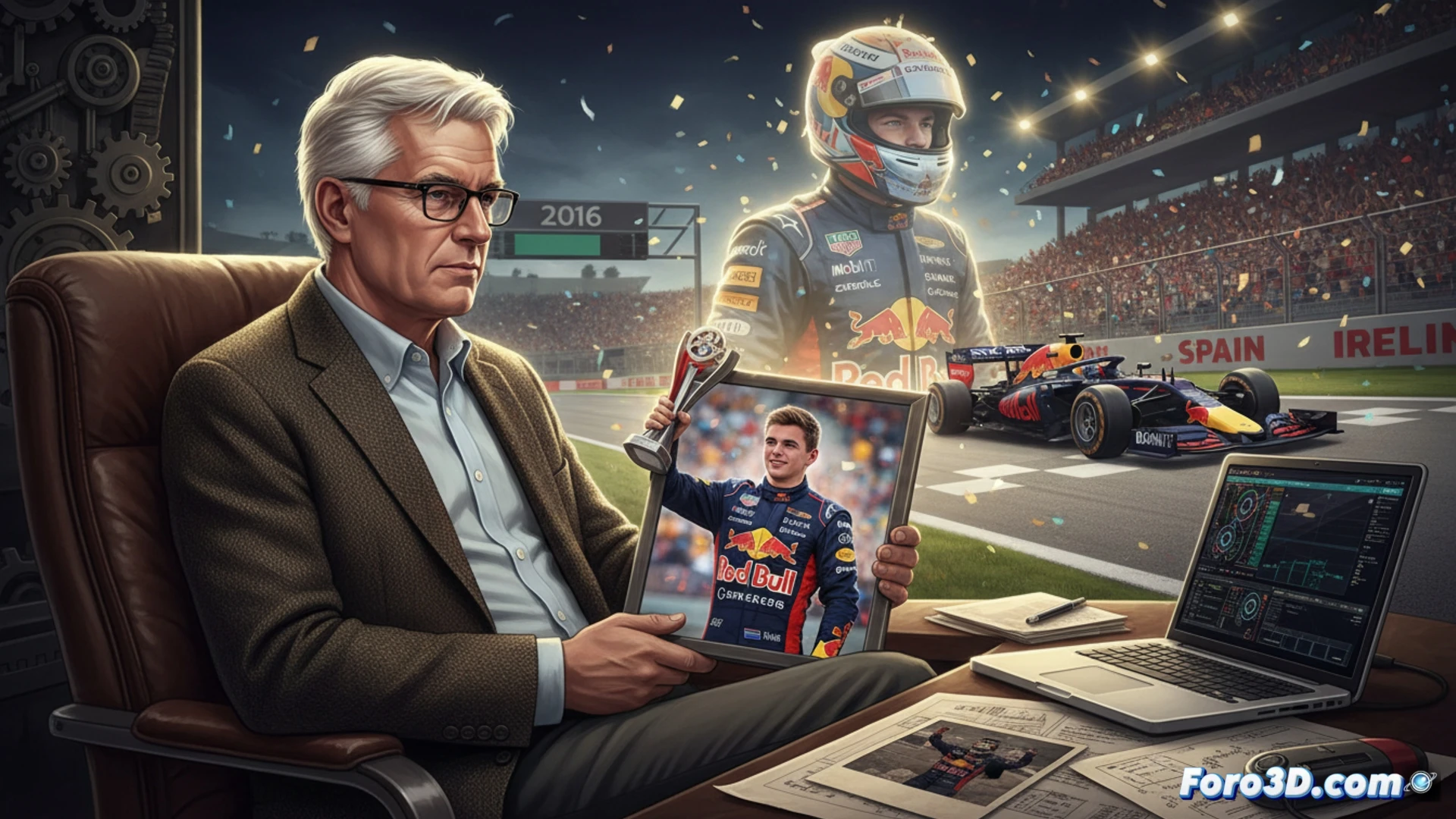 Helmut Marko señala un monitor con Max Verstappen joven; fondo de boxes Red Bull y Toro Rosso mezclados.