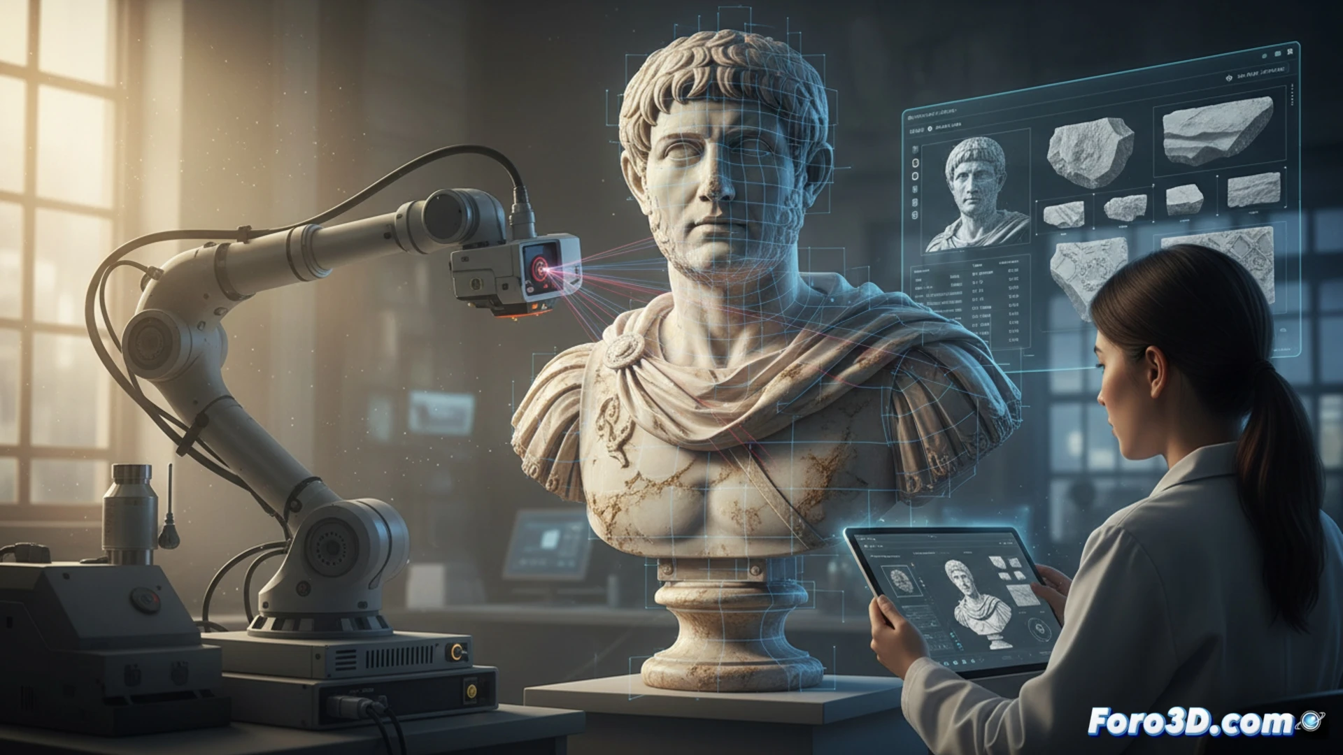 [Mármol romano antiguo siendo escaneado con tecnología 3D para verificar su autenticidad y desgaste histórico]