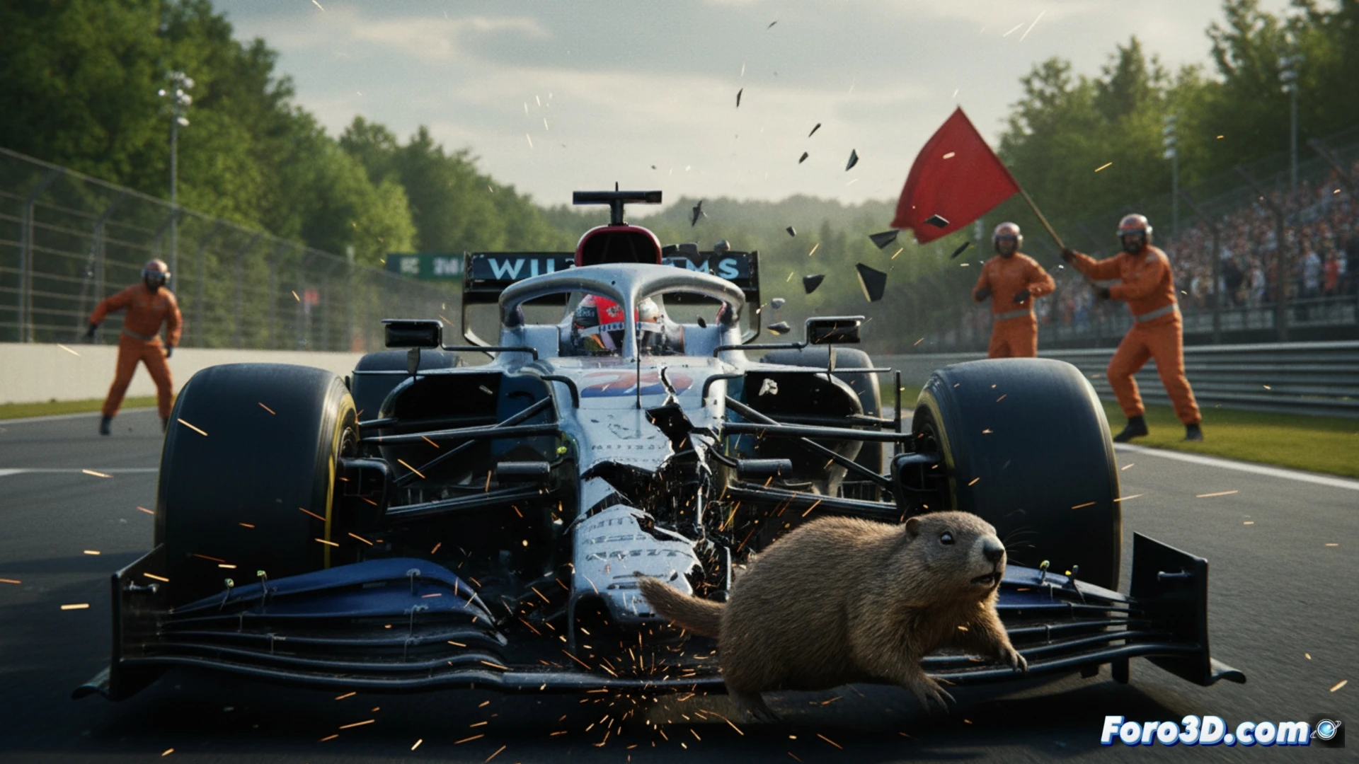 F1 Williams race car front wing striking a groundhog mid-jump on Circuit Gilles Villeneuve track, animal body impacting carbon fiber nose cone at high speed, left sidepod and front suspension being torn apart, debris scattering across asphalt, third chicane exit visible with tire barriers and green grass runoff, motion blur on wheels, sparks from damaged undertray scraping tarmac, photorealistic motorsport crash visualization, dramatic overcast Canadian sky, detailed mechanical destruction, carbon fiber splinters and fur particles suspended in air, race control tower in background, ultra-sharp technical engineering illustration