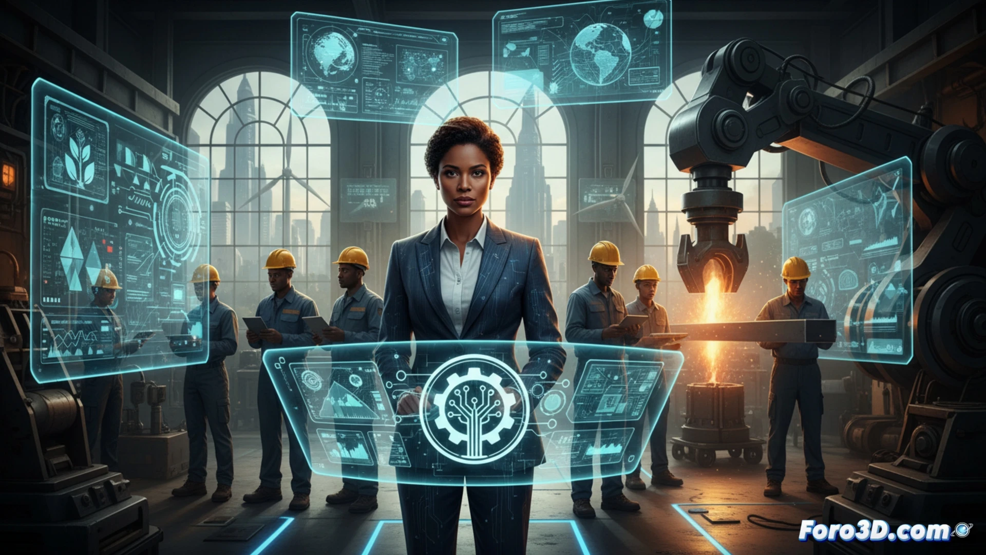 professional engineer in navy blazer pointing at floating holographic dashboard, industrial factory floor visible behind glass wall, digital twin simulation of assembly line rotating in mid-air, young professionals observing mentorship session at circular table, green energy graphs and smart factory icons glowing in augmented reality interface, cinematic engineering visualization, soft blue and amber lighting, photorealistic technical render, modern corporate innovation hub atmosphere