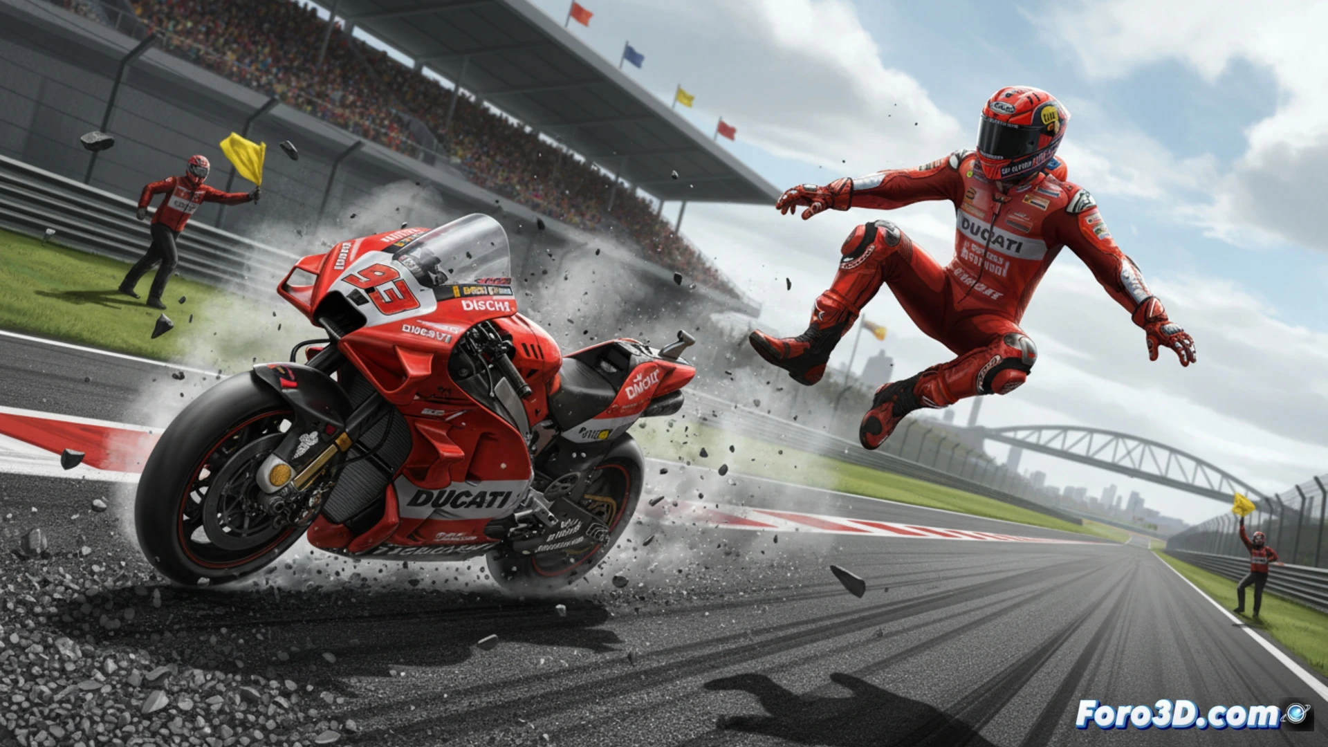Marc Marquez en Le Mans, con su Ducati roja, choca contra las protecciones, cascos y asistentes cerca, atmosfera tensa.