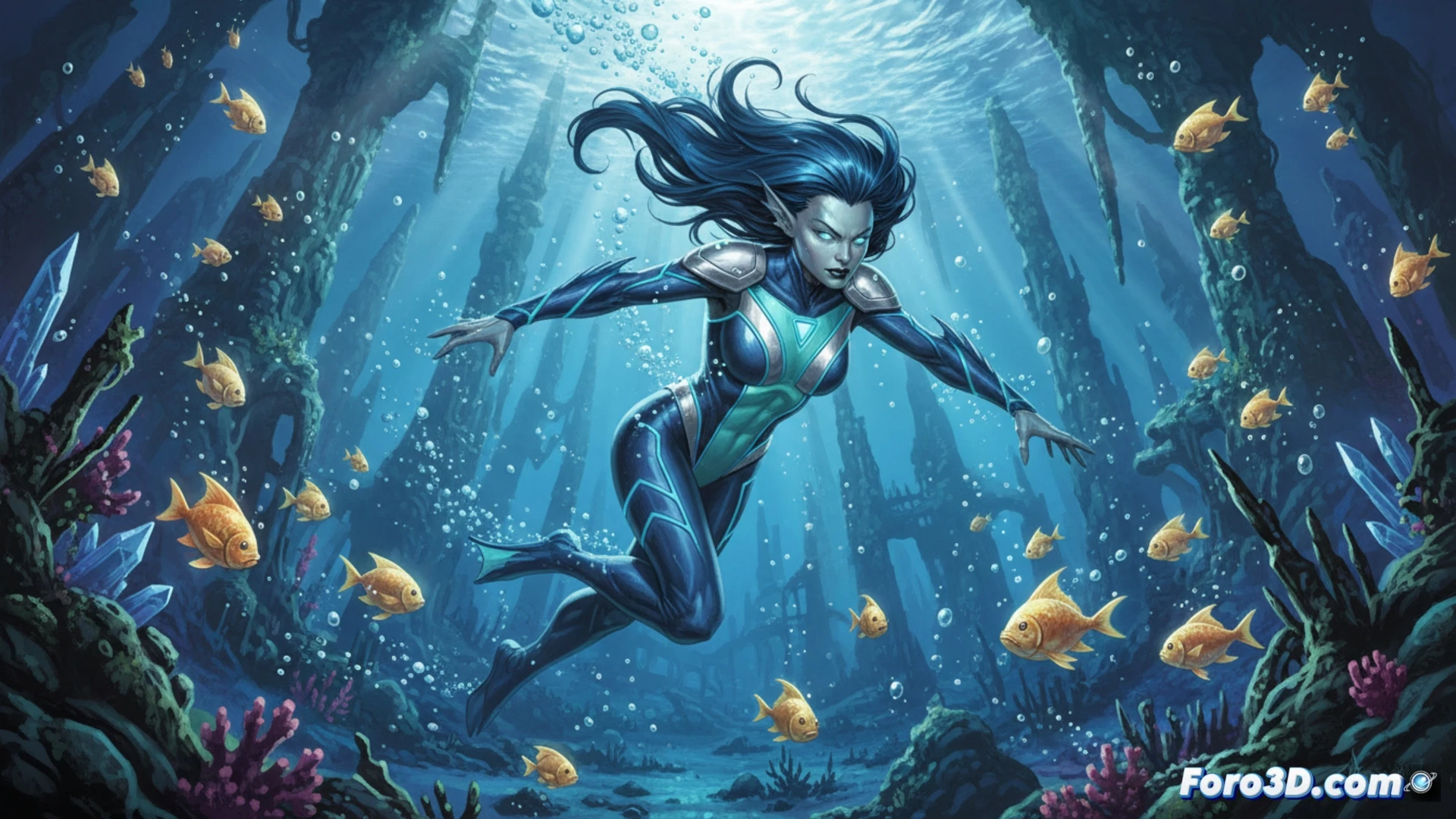 Marrina Smallwood, piel pálida y manos palmeadas, surca el océano a velocidad sobrehumana bajo un cielo tormentoso de Alpha Flight.