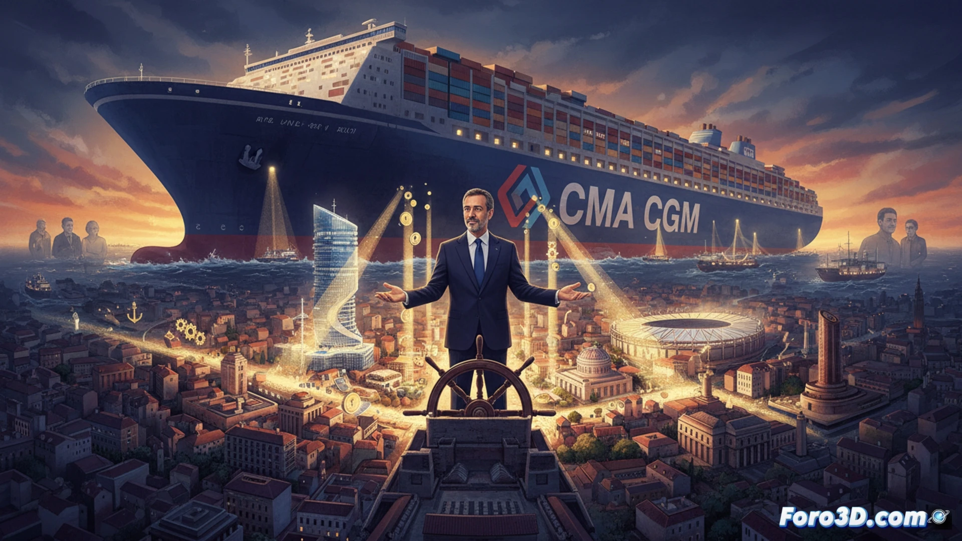 Una silueta de un gran buque portacontenedores de CMA CGM se cierne sobre el puerto de Marsella, con luces tenues y sombras que reflejan el poder de la familia Saadé.