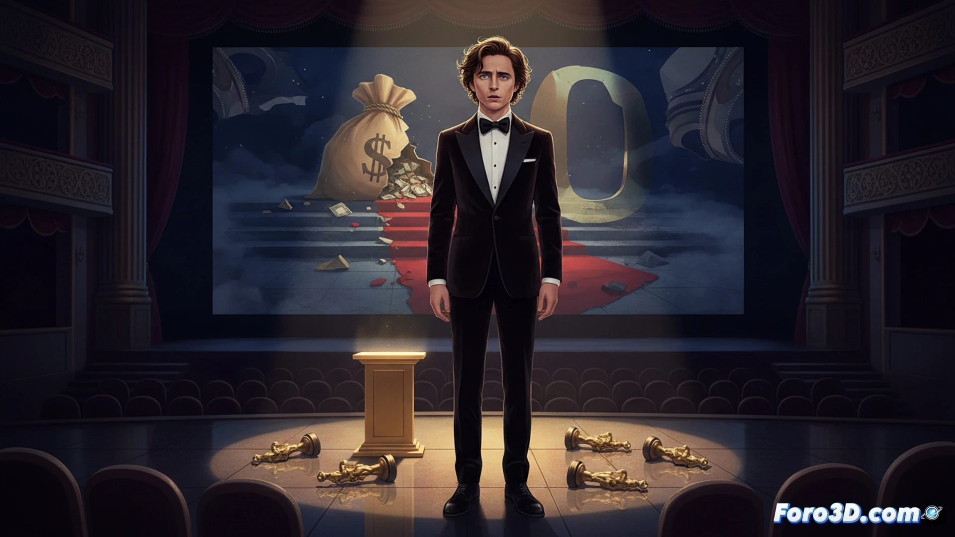 Timothée Chalamet en frac mira una estatuilla dorada caída, rodeado de sombras y butacas vacías de un teatro.