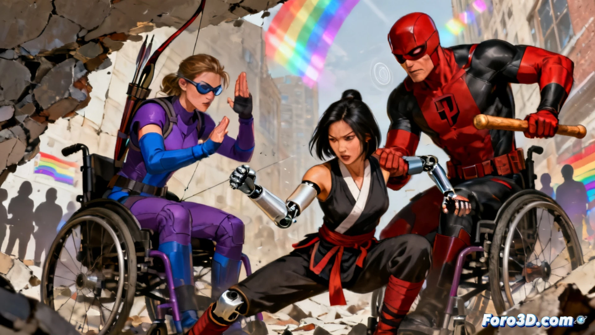 Descripción: Portada de cómic Marvel con Daredevil, Misty Knight y Echo liderando a héroes con discapacidad en acción vibrante para el Mes del Orgullo de Julio.
