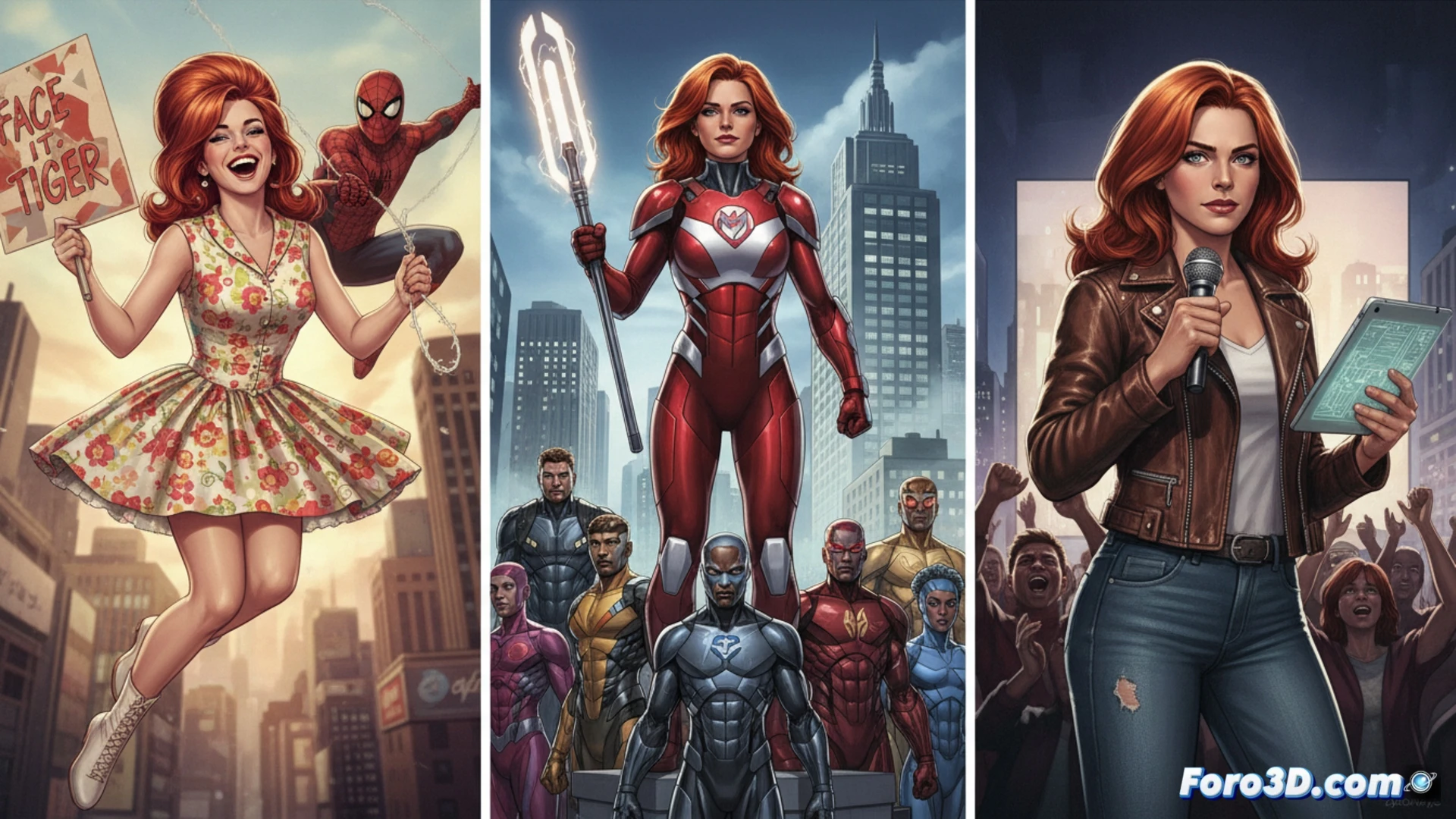 Mary Jane Watson en acción, con armadura y liderando, junto a Peter Parker, mostrando su evolución en 60 años.