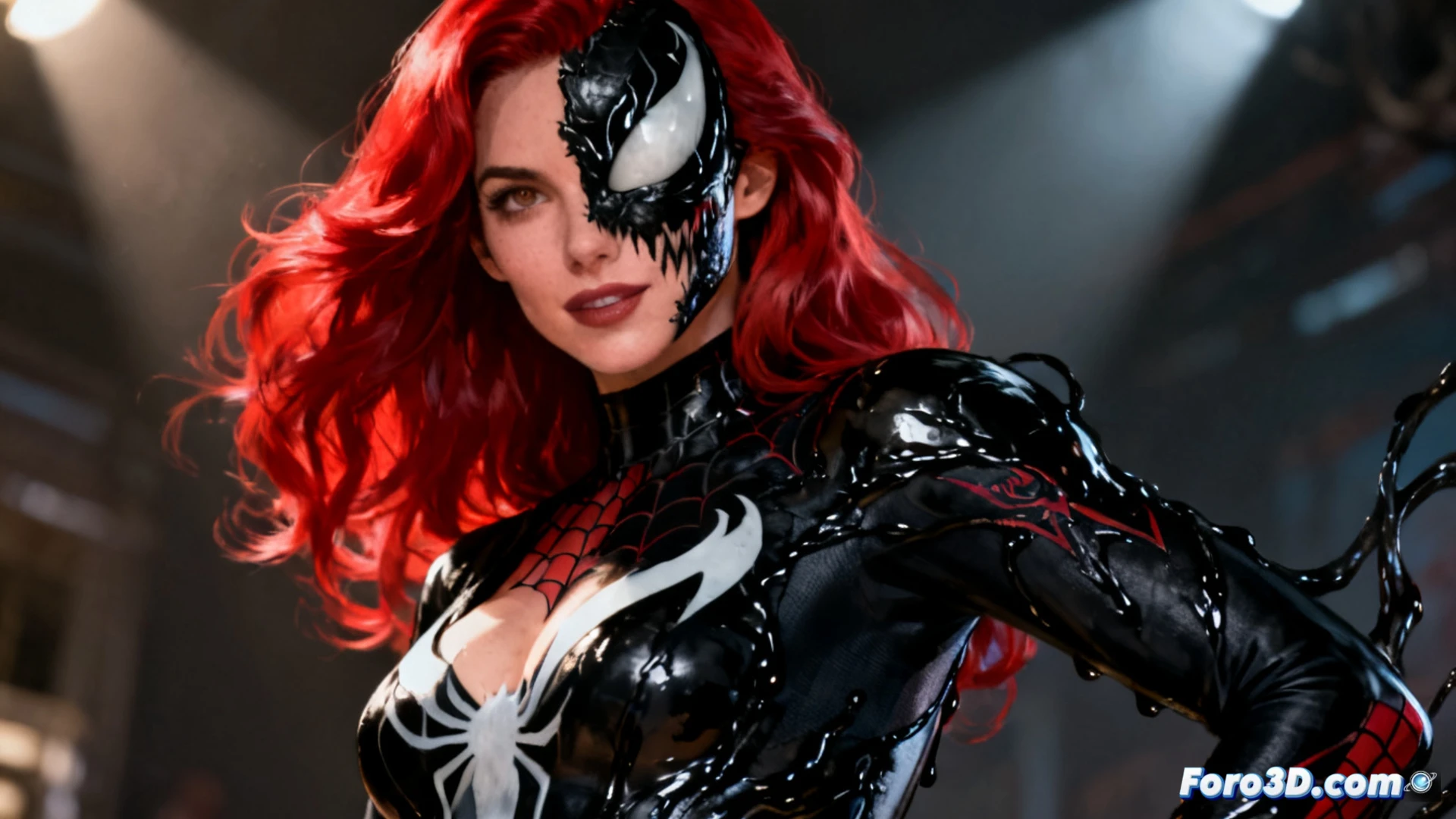 Mary Jane Watson, con el simbionte Venom, posa junto a Peter Parker. Al fondo, viñetas de su historia. Legado y poder unidos.