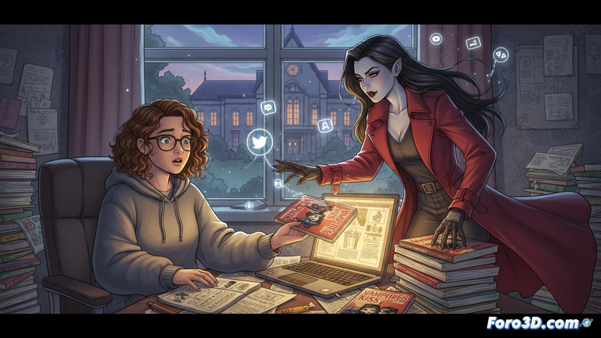 Una escritora de fanfics observa horrorizada cómo su personaje vampírico, Jessica, cobra vida y la sigue al instituto, con un aura caótica que mezcla ficción y realidad.