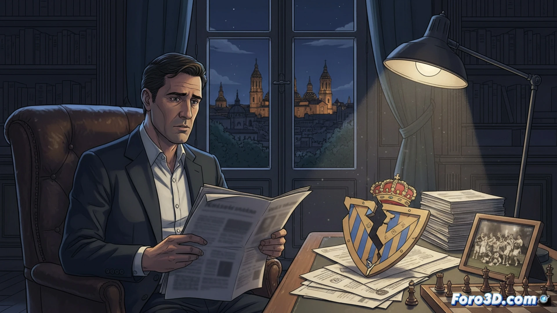 photorealistic cinematic scene of a glass-walled corporate boardroom at sunset, an empty presidential chair with a Zaragoza club crest embroidered on its back, a half-finished financial report and a tablet displaying a stock portfolio on the polished table, a businessman’s hand pushing away a nameplate reading presidente, dramatic shadows falling across the desk, a framed club photo being turned face-down, cold blue light from monitors showing a restructuring diagram, tense atmosphere, ultra-detailed textures, high-end architectural visualization