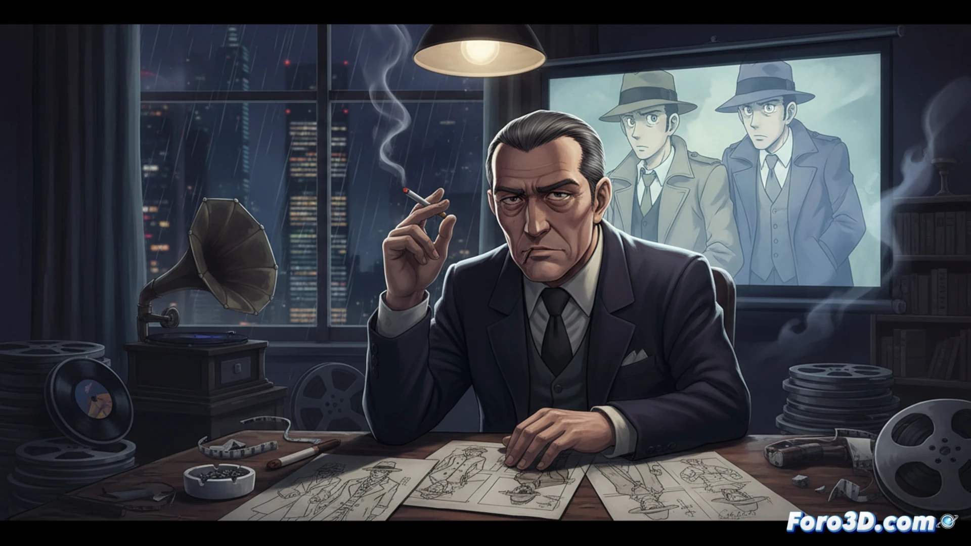 Masaaki Osumi directing a shadowy Lupin III scene, film noir aesthetic, cigarette smoke curling around a tilted fedora, 1970s jazz club lighting casting long shadows, director holding a vintage film camera while pointing at a storyboard, Lupin character in silhouette reaching for a briefcase, cinematic technical illustration, dark blue and amber color palette, grainy film texture, dramatic chiaroscuro, retro analog editing equipment visible on desk, photorealistic render with noir atmosphere