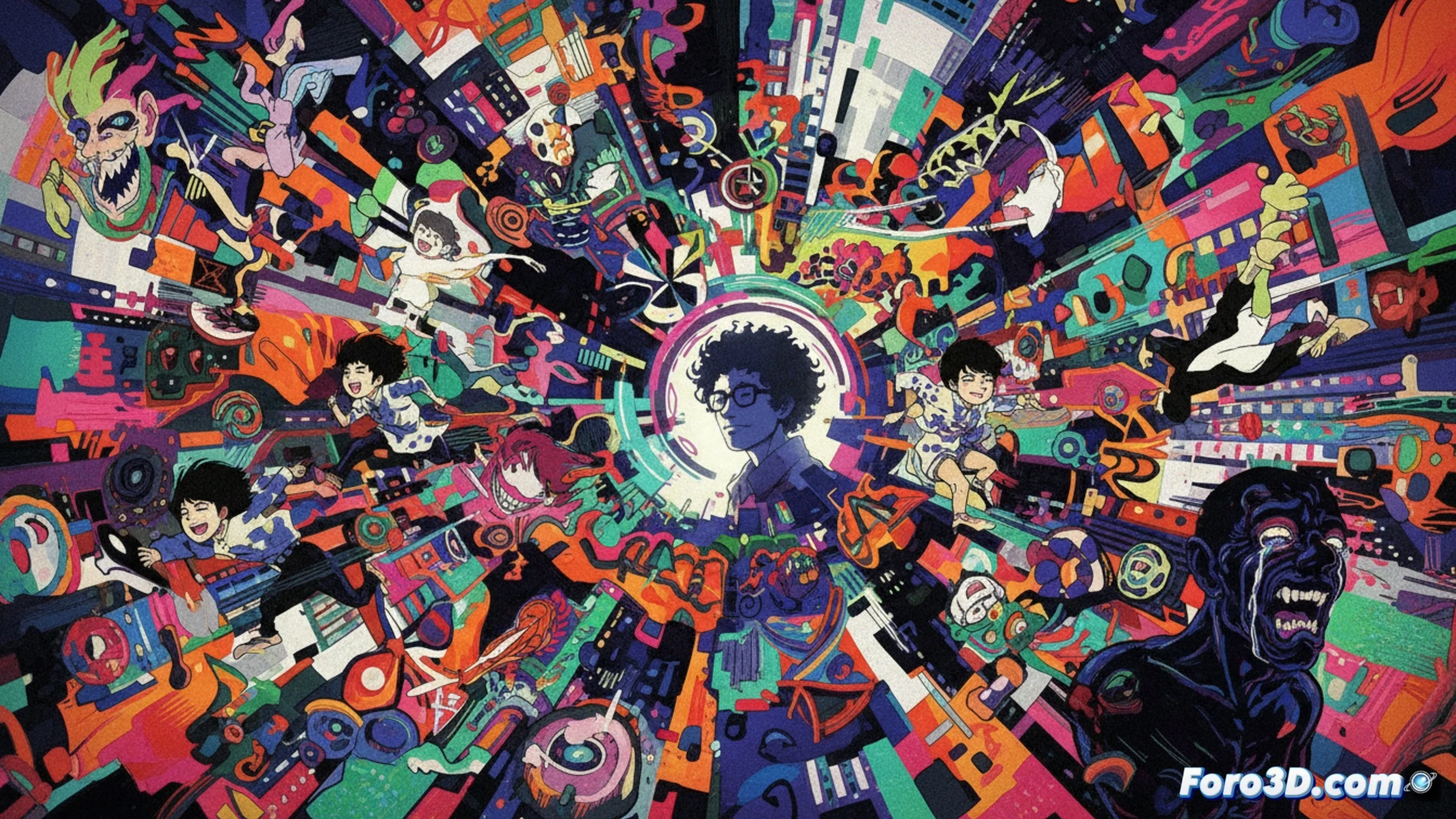 Un torbellino de colores vibrantes y figuras distorsionadas fluye en espiral. Una silueta de Masaaki Yuasa emerge del caos visual, con trazos psicodélicos que rompen la anatomía realista.