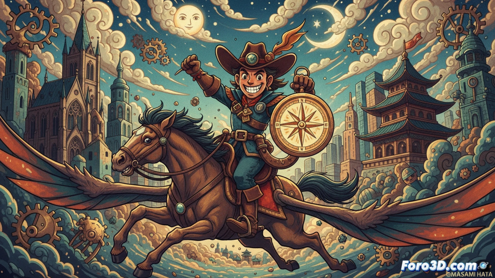 Una ilustración que combine un lápiz animado al estilo europeo de los 60, con trazos sueltos y colores vibrantes, junto a un fondo de viñetas americanas y un niño que mira con asombro, todo envuelto en una atmósfera de maravilla directa y sin artificios.