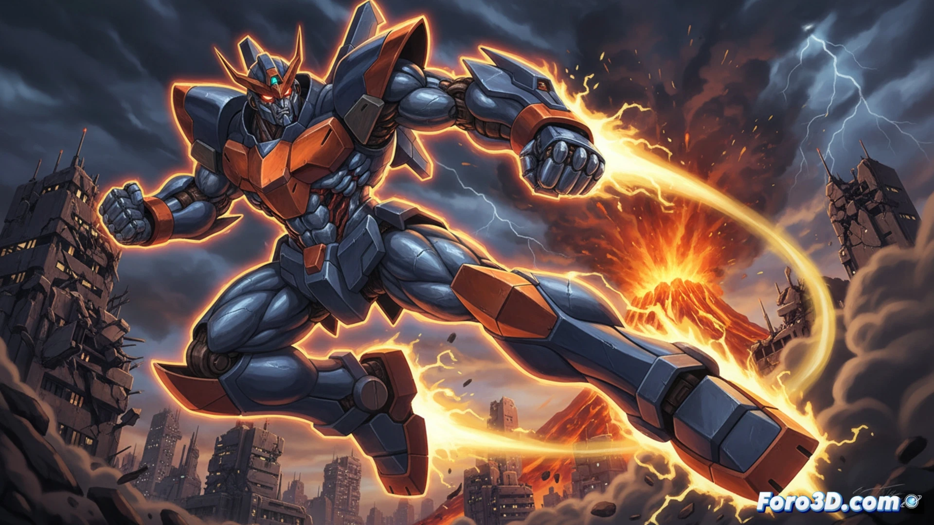 Mecha rojo y azul en pose heroica, con efectos de energía y chispas, contra un fondo oscuro de acción dramática.