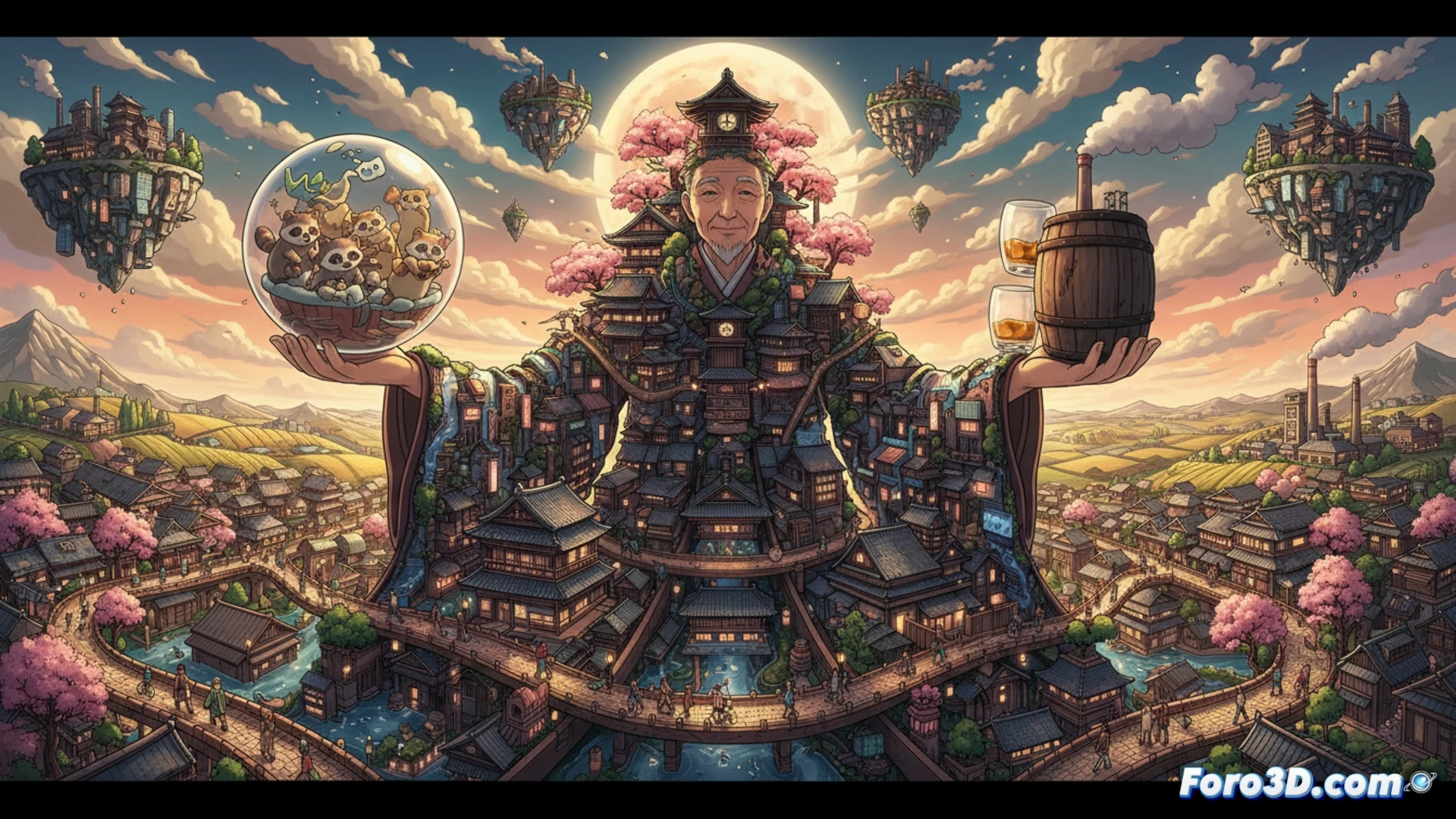 Una calle japonesa al atardecer, con faroles cálidos y siluetas de familias paseando, mientras la ciudad parece respirar como un personaje vivo.