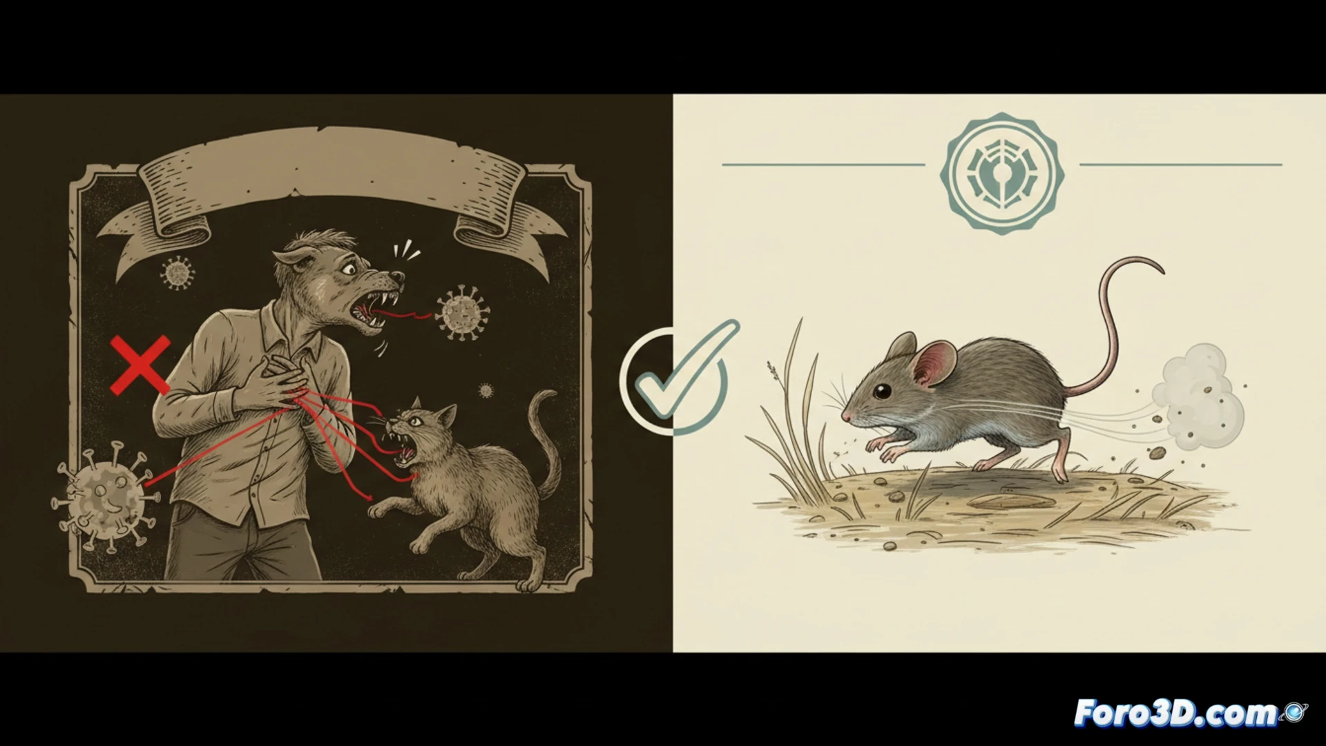 Ilustración de un perro y un gato junto a un roedor silvestre señalado, con fondo de campo y un cartel que dice: 'No son vectores del hantavirus'.