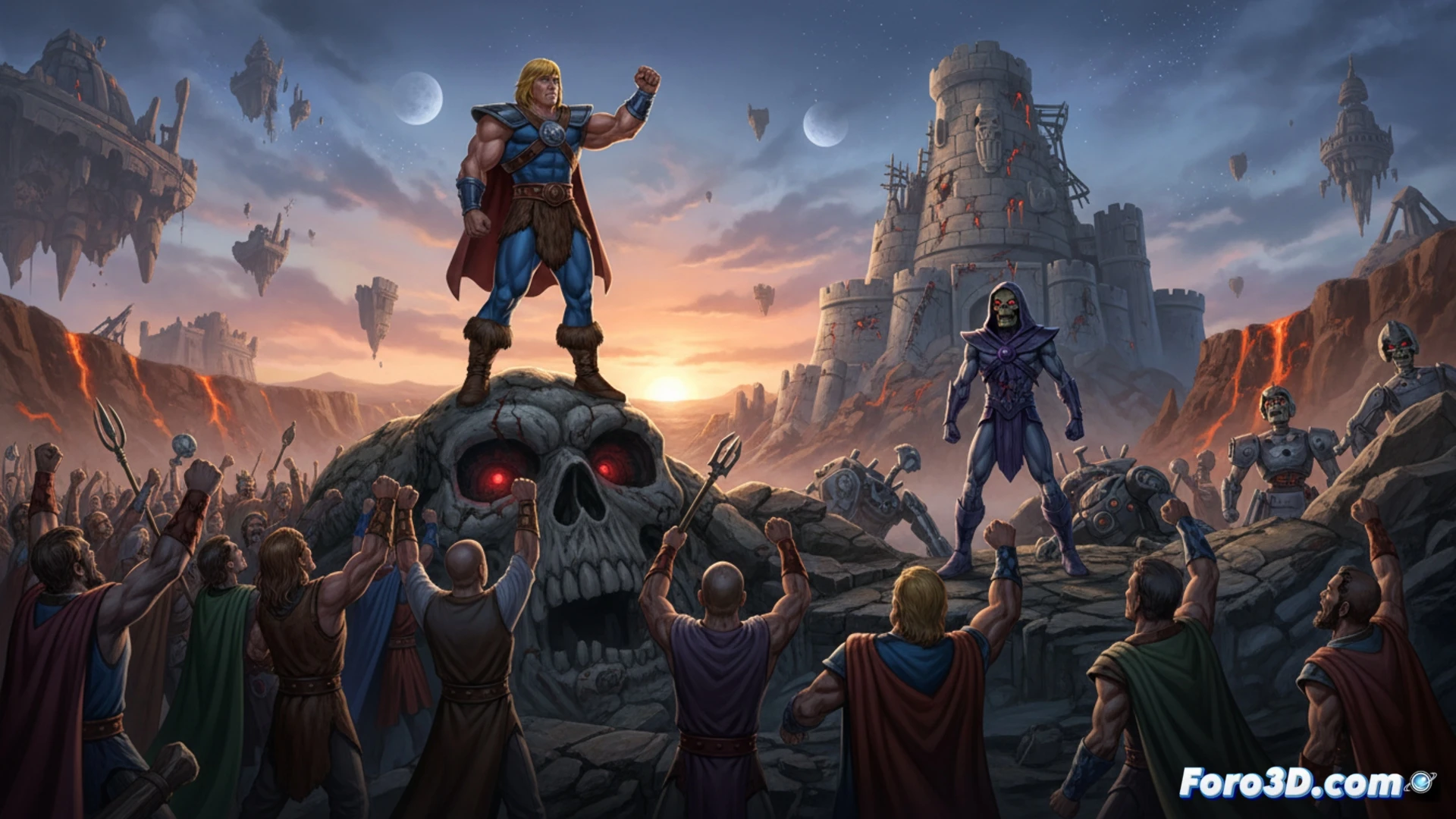 Príncipe Adam en armadura dorada desgastada, de pie sobre un acantilado de Eternia devastado, empuñando la Espada del Poder mientras un rayo de luz verde impacta contra su escudo, cráteres humeantes y ruinas de tecnología ancestral al fondo, silueta de Skeletor con armadura negra y cetro energético en lo alto de una torre derrumbada, nubes de tormenta con relámpagos digitales, cinematic photorealistic render, partículas de escombros flotando, texturas de metal rayado y piedra agrietada, iluminación dramática de atardecer, profundidad de campo cinematográfica, estilo visual épico y nostálgico de los ochenta.