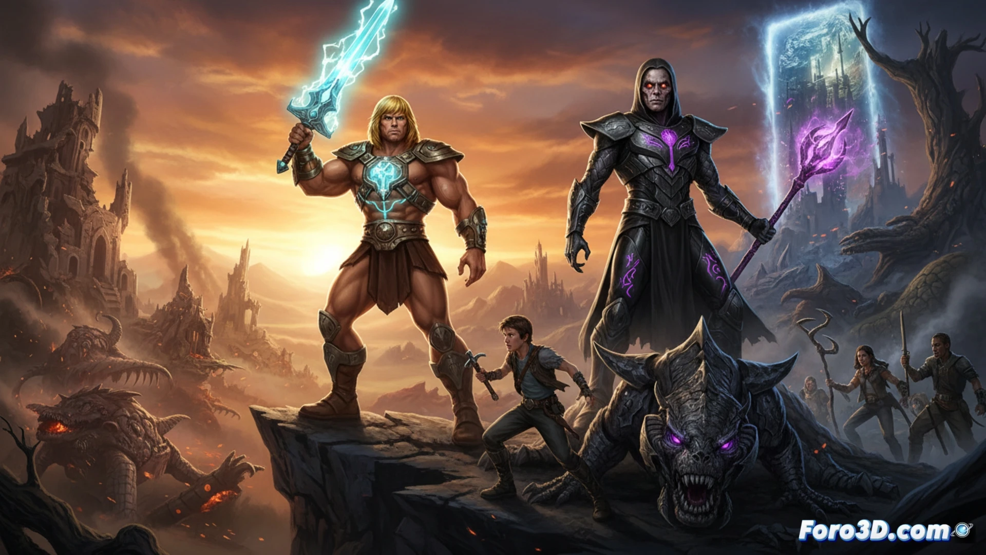live-action He-Man in golden armor raising the Sword of Power above his head, crackling green energy surging from the blade, Castle Grayskull in the background under a stormy purple sky, Skeletor's skull face emerging from shadow with red glowing eyes, stone steps cracking under the impact of the power blast, cinematic fantasy lighting, photorealistic render, dramatic dust particles and lightning bolts in the air, ultra-detailed armor textures, heroic pose during the final battle sequence