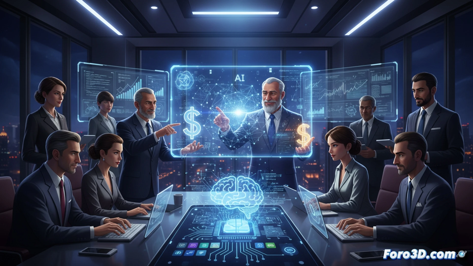 Cinematic technical illustration of a futuristic laboratory with mathematicians collaborating around a holographic AI core, complex equations floating in mid-air while neural network nodes pulse with light, multiple monitors displaying advanced algorithms and data streams, researchers pointing at glowing geometric proofs, sleek robotic arms adjusting quantum processors, high-tech whiteboards filled with abstract symbols, cool blue and neon orange lighting, photorealistic engineering visualization, ultra-detailed surfaces, dynamic action of problem-solving in progress