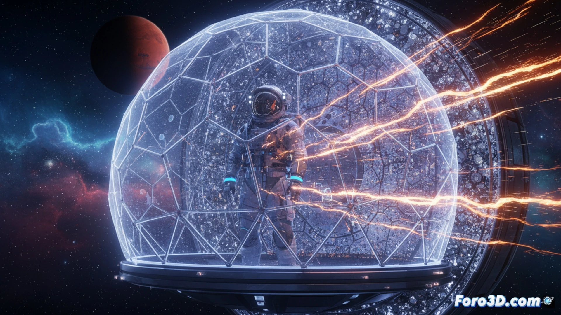 astronauta con traje espacial sosteniendo una pieza impresa en 3D de estructura reticular translúcida, dentro de un laboratorio orbital, un haz de partículas radiactivas simuladas (rayos verdes) impactando la pieza y siendo desviadas o absorbidas, pantalla holográfica mostrando datos de atenuación de radiación, impresora 3D industrial en segundo plano fabricando otra pieza, iluminación fría azul-blanca, estilo cinematic photorealistic engineering visualization, texturas metálicas y plásticas detalladas, reflejos en visor del casco, ambiente técnico de alta precisión