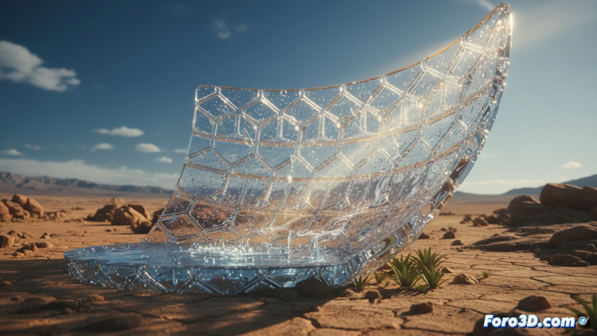 photorealistic technical illustration of crystalline material absorbing moisture from air under direct sunlight, UV rays triggering microscopic cavity formation in crystal lattice structure, water vapor molecules being captured inside glowing cavities while surrounding arid desert landscape shows dry cracked ground, close-up cross-section view of material surface revealing dynamic cavity expansion and contraction cycle, soft warm sunlight illumination, realistic material science visualization, no text or labels, cinematic macro photography style, detailed crystalline textures with translucent properties