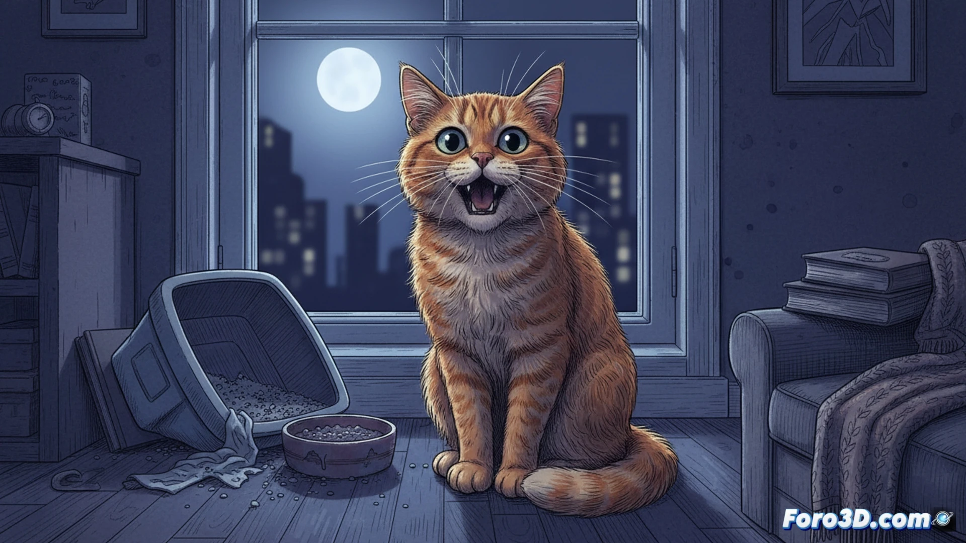 senior orange tabby cat vocalizing at night in a dimly lit living room, cat standing near empty food bowl while staring at blank wall, disoriented posture with dilated pupils, digital clock on wall showing 3:00 AM, cat’s brain cross-section overlay showing shrinking hippocampus and beta-amyloid plaques, veterinary neurology monitor displaying EEG wave patterns with fragmented sleep cycles, cinematic photorealistic illustration, warm amber lamp casting long shadows, dust particles floating in moonlit beam, hyper-detailed fur textures, melancholic atmosphere, technical medical visualization style