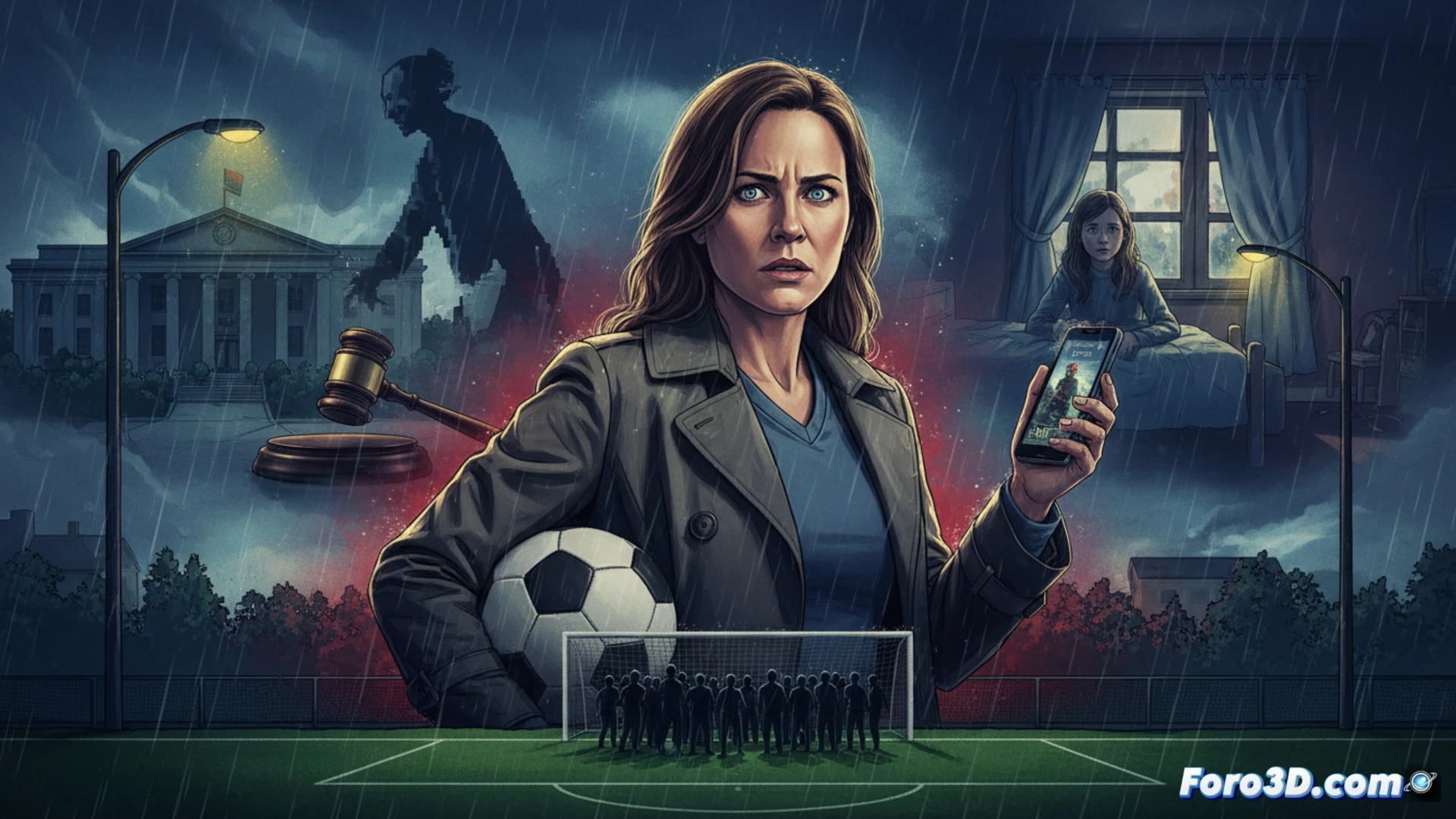 suburban soccer field at dusk, a woman in athletic wear frozen mid-action, her eyes wide with shock as she points toward a distant house, a smartphone falling from her hand onto the grass, blurred figure in a window across the street, forensic evidence markers on the ground, cinematic thriller visualization, dramatic chiaroscuro lighting, photorealistic style, deep shadows and amber streetlight glow, motion blur on the phone screen showing a paused video frame, tension in her clenched jaw and rigid posture, ultra-detailed grass blades and fabric texture, high-contrast noir atmosphere