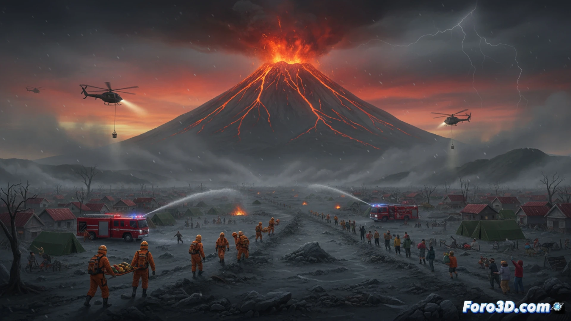 Volcán Mayon en erupción nocturna: ríos de lava y ceniza sobre 52 aldeas evacuadas, con equipos de rescate y helicópteros activados.