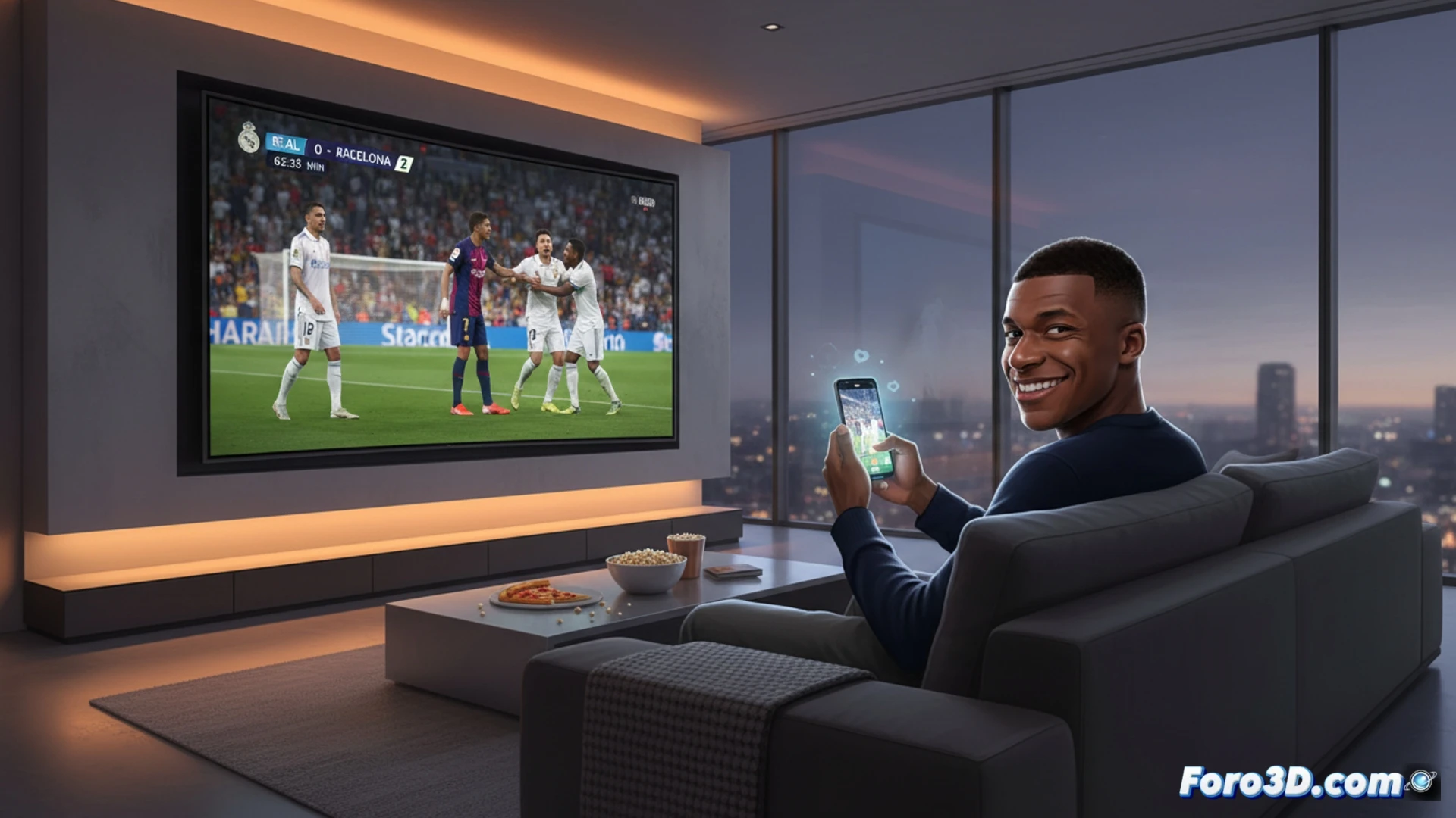 Primer plano de un televisor gigante en un salón moderno, mostrando el marcador 2-0 del Clásico. Al lado, un móvil con Instagram abierto donde se ve la foto de Mbappé sonriendo. En la esquina, un reflejo borroso de un sofá vacío, simbolizando su ausencia en el campo.