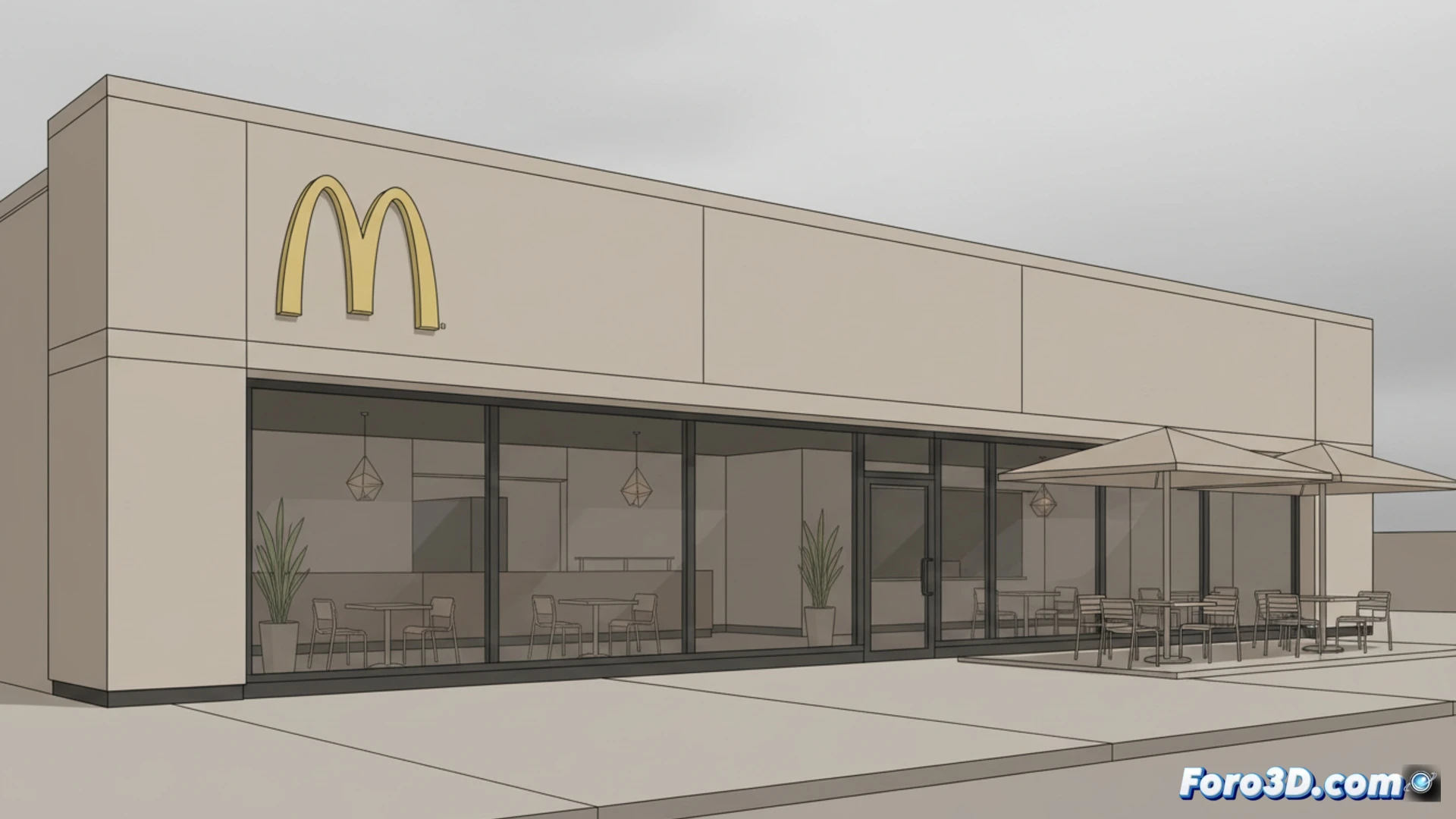minimalist fast food restaurant interior transformation, workers in beige uniforms removing colorful playground equipment and clown statues, replacing them with sterile wood panels and potted plants, laptops on tables where kids play areas once stood, muted beige and gray color palette, corporate lighting casting flat shadows, empty atmosphere like a bank waiting room, cinematic architectural visualization, photorealistic render, cold fluorescent overhead lights, polished concrete floors, stark contrast between old vibrancy and new dullness, wide-angle lens capturing the lifeless space
