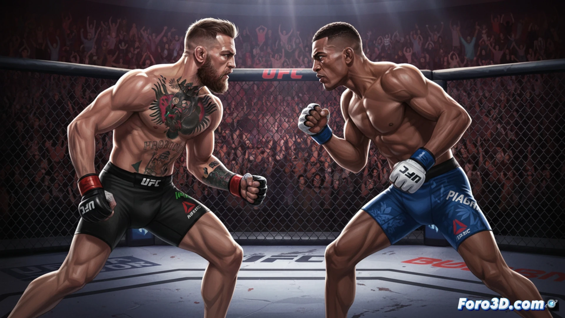 Conor McGregor en postura de striking dentro del octágono, guantes de MMA azules impactando el protector facial de Max Holloway durante un intercambio técnico, gotas de sudor y saliva suspendidas en el aire, malla metálica de la jaula desenfocada al fondo, focos del estadio creando sombras dramáticas sobre el tapiz de UFC, cronómetro digital en rojo mostrando tiempo restante, photorealistic sports visualization, acción congelada en medio del golpe, músculos tensos y venas marcadas, textura de la lona con logos de patrocinadores, iluminación cinematográfica de alto contraste, cámara a nivel del suelo con lente gran angular, partículas de polvo iluminadas por los reflectores.