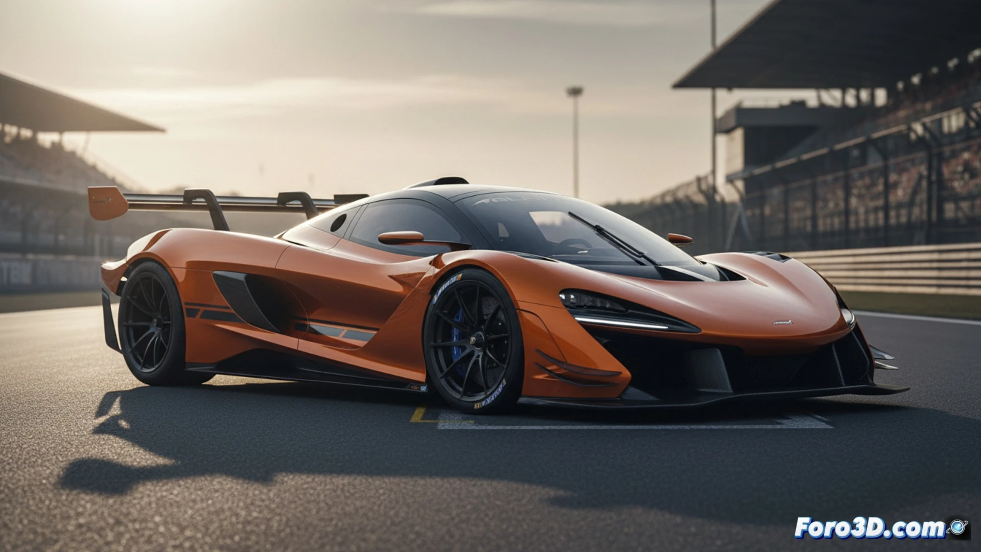 Descripción detallada para imagen (80-120 caracteres):  
McLaren MCL-HY GTR en pista, diseño aerodinámico agresivo, colores naranja y negro, homenaje a los Can-Am.