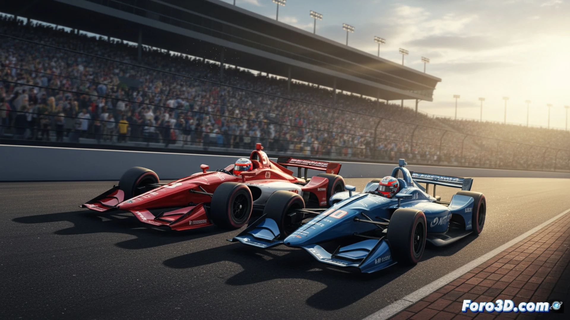two IndyCar race cars side by side at Indianapolis Motor Speedway during Fast Friday qualifying, front wings cutting through air at 232 mph, rear tires generating smoke on hot asphalt, telemetry data streams overlaying the track surface as glowing blue and red speed vectors, pit crew monitoring timing screens with lap times flashing, dramatic sunset lighting casting long shadows, motion blur on wheels, carbon fiber body panels reflecting track lights, photorealistic cinematic motorsport visualization