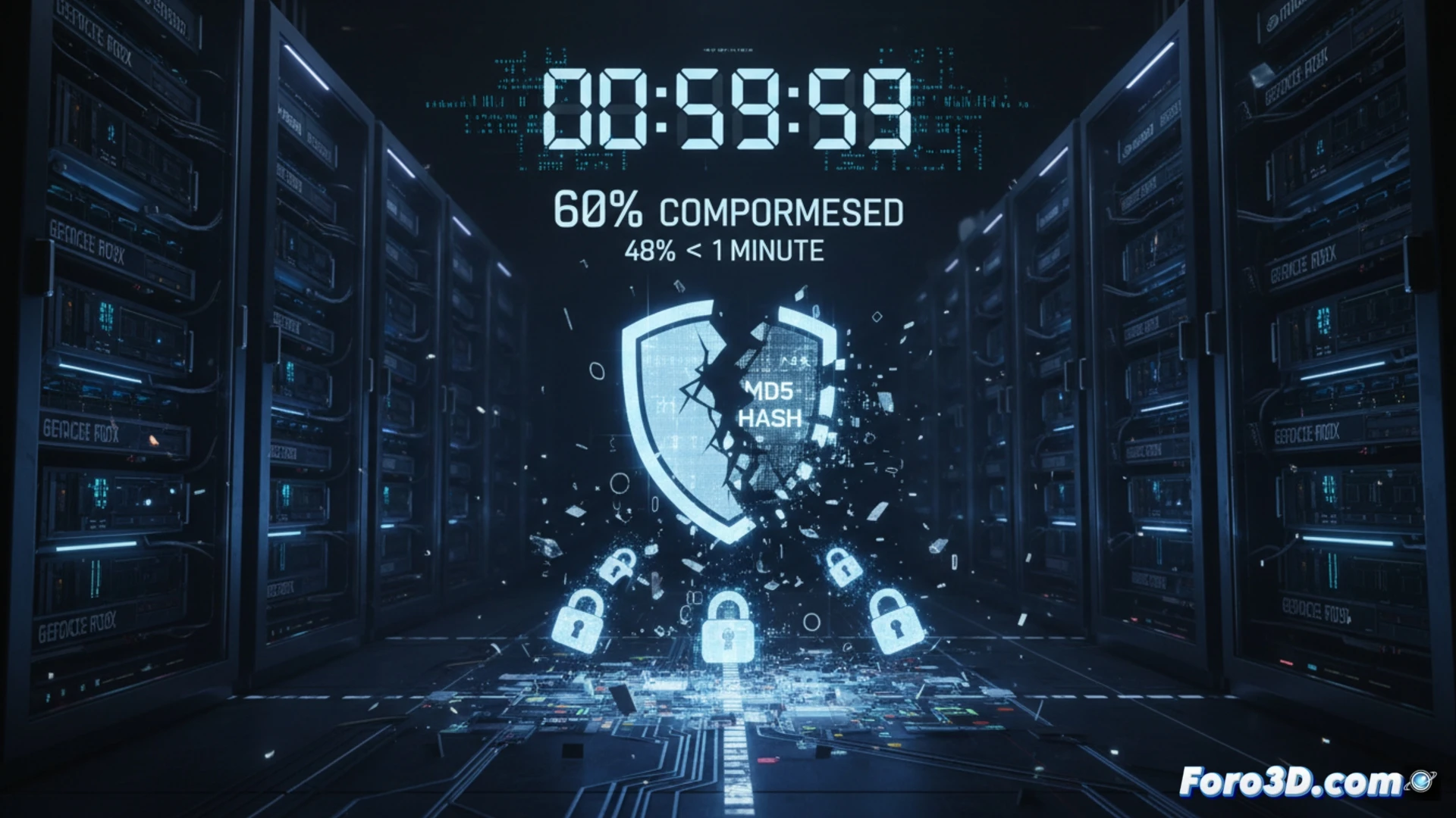 Una RTX 5090 ilumina un candado roto; 60% de claves MD5 caen en 60 minutos, según Kaspersky.