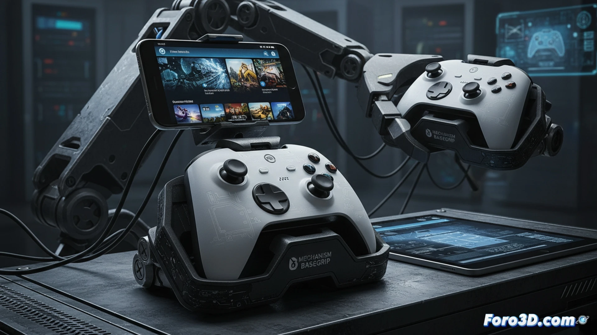 Un Steam Controller acoplado verticalmente a un móvil mediante el clip Basegrip, sobre una superficie plana, listo para jugar en movilidad.