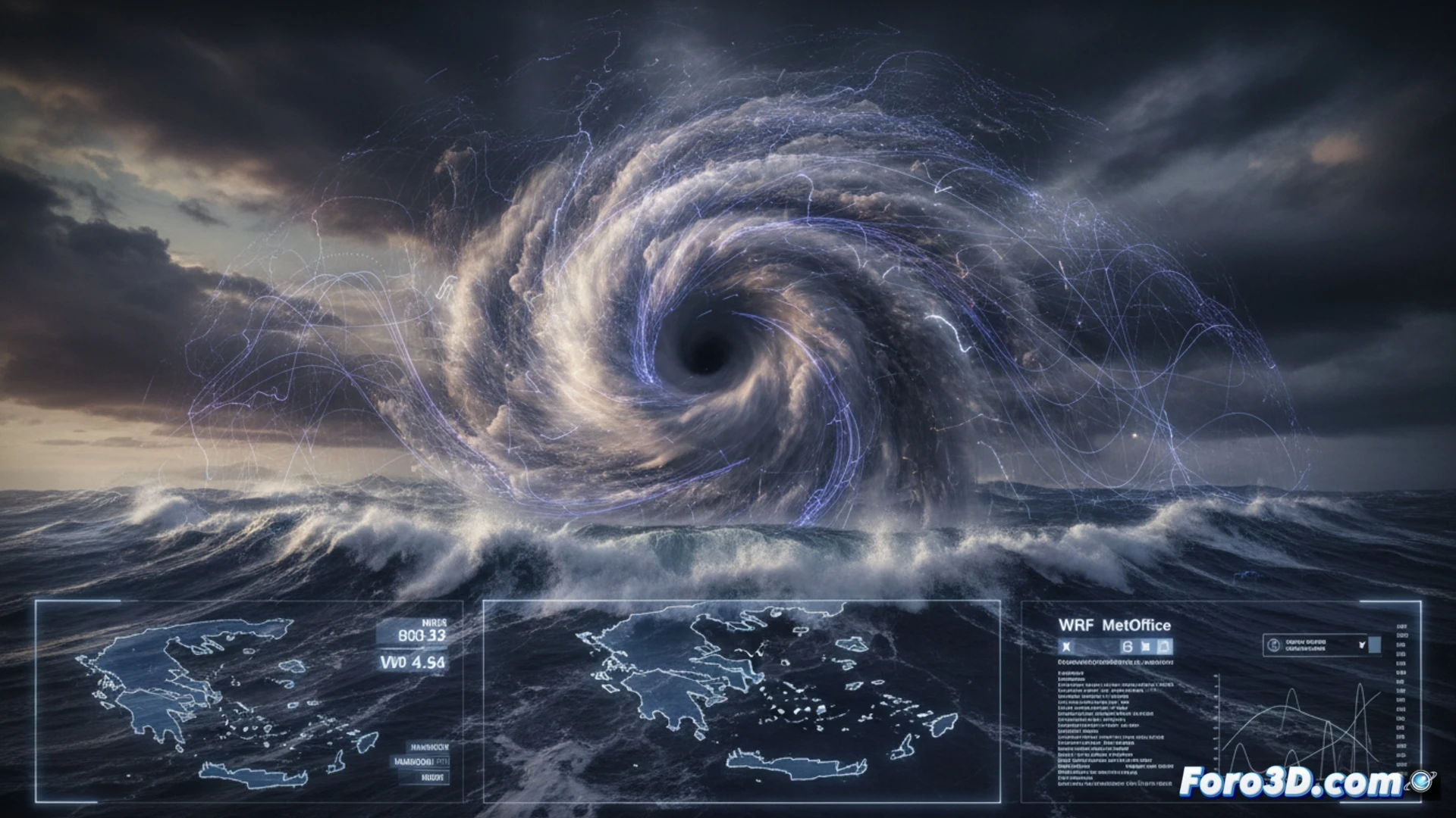 Simulación 3D del Medicane Ianos sobre Grecia con nubes, lluvia y oleaje generados por Houdini