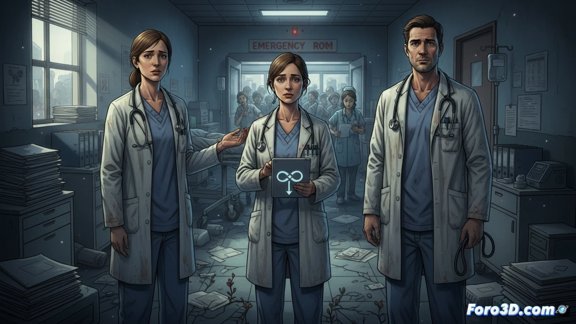 fatigued doctor in blue scrubs sitting at cluttered hospital desk, empty coffee cups and scattered medical charts around, dim fluorescent lighting, computer monitor showing incomplete patient list, clock on wall indicating late hour, exhausted expression while reaching for phone, empty stretcher visible through doorway, peeling paint on walls, cinematic photorealistic style, dramatic shadows, desaturated colors, gritty documentary aesthetic, medical equipment in background, isolation and systemic neglect atmosphere